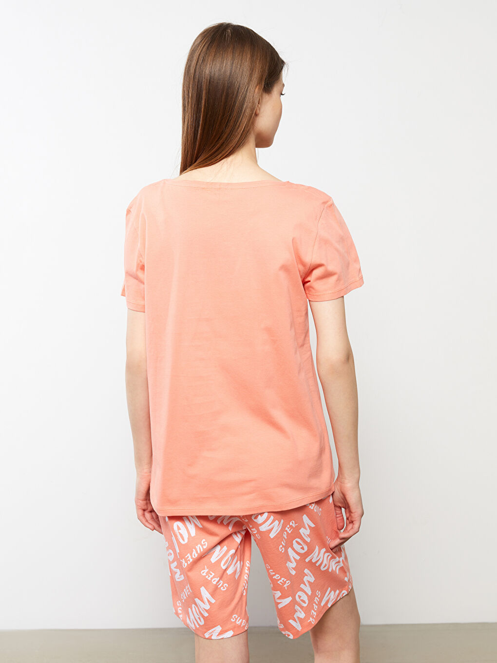 Mercan Bisiklet Yaka Baskılı Kısa Kollu Kadın Pijama Takımı-3