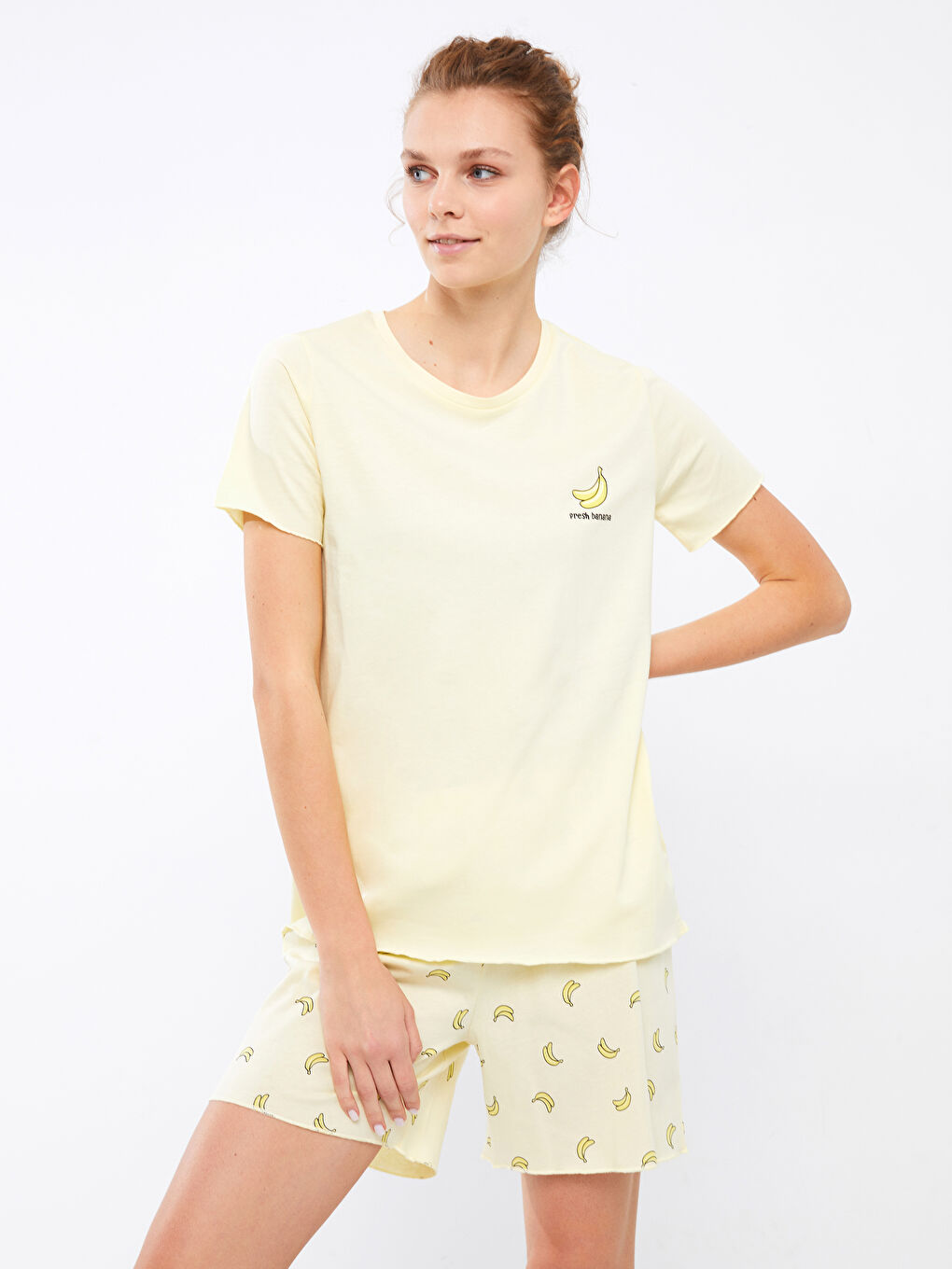 Crew Neck Printed Short Sleeve Cotton Women's Pajama Set -S2FQ12Z8-LU9