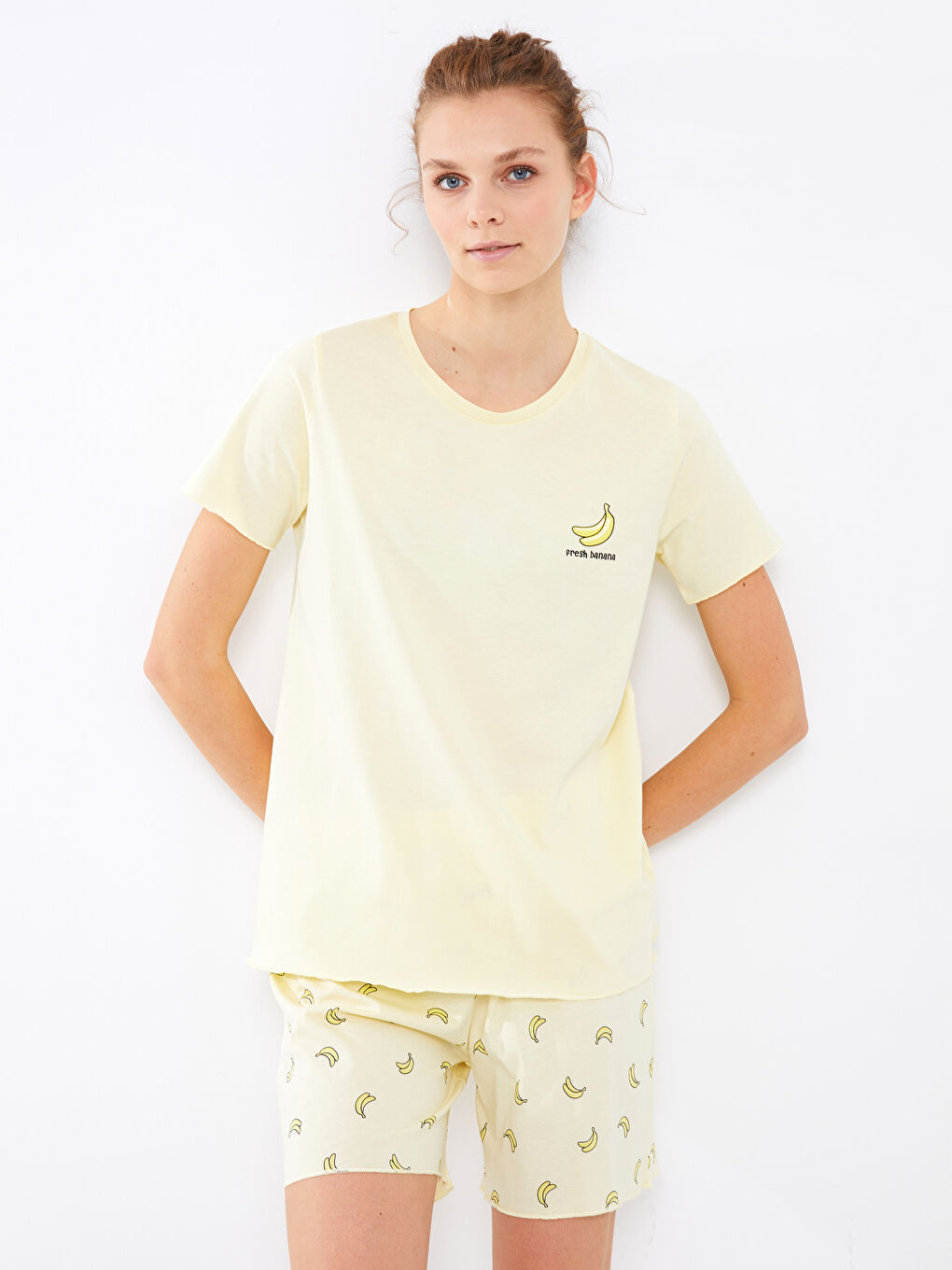 Crew Neck Printed Short Sleeve Cotton Women's Pajama Set -S2FQ12Z8-LU9