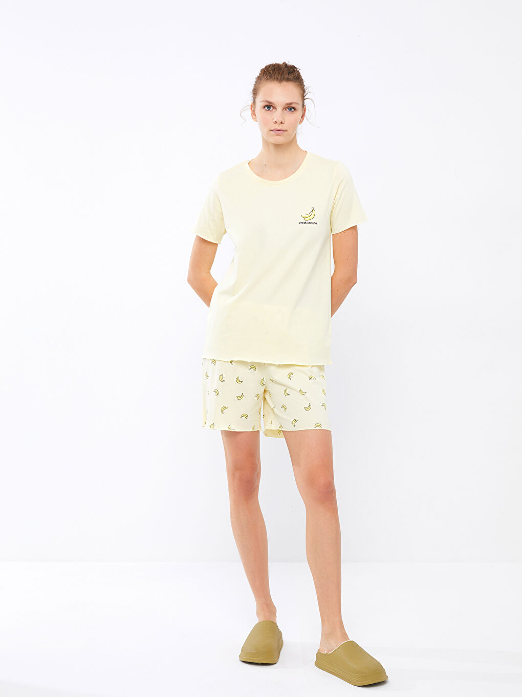 Crew Neck Printed Short Sleeve Cotton Women's Pajama Set -S2FQ12Z8-LU9