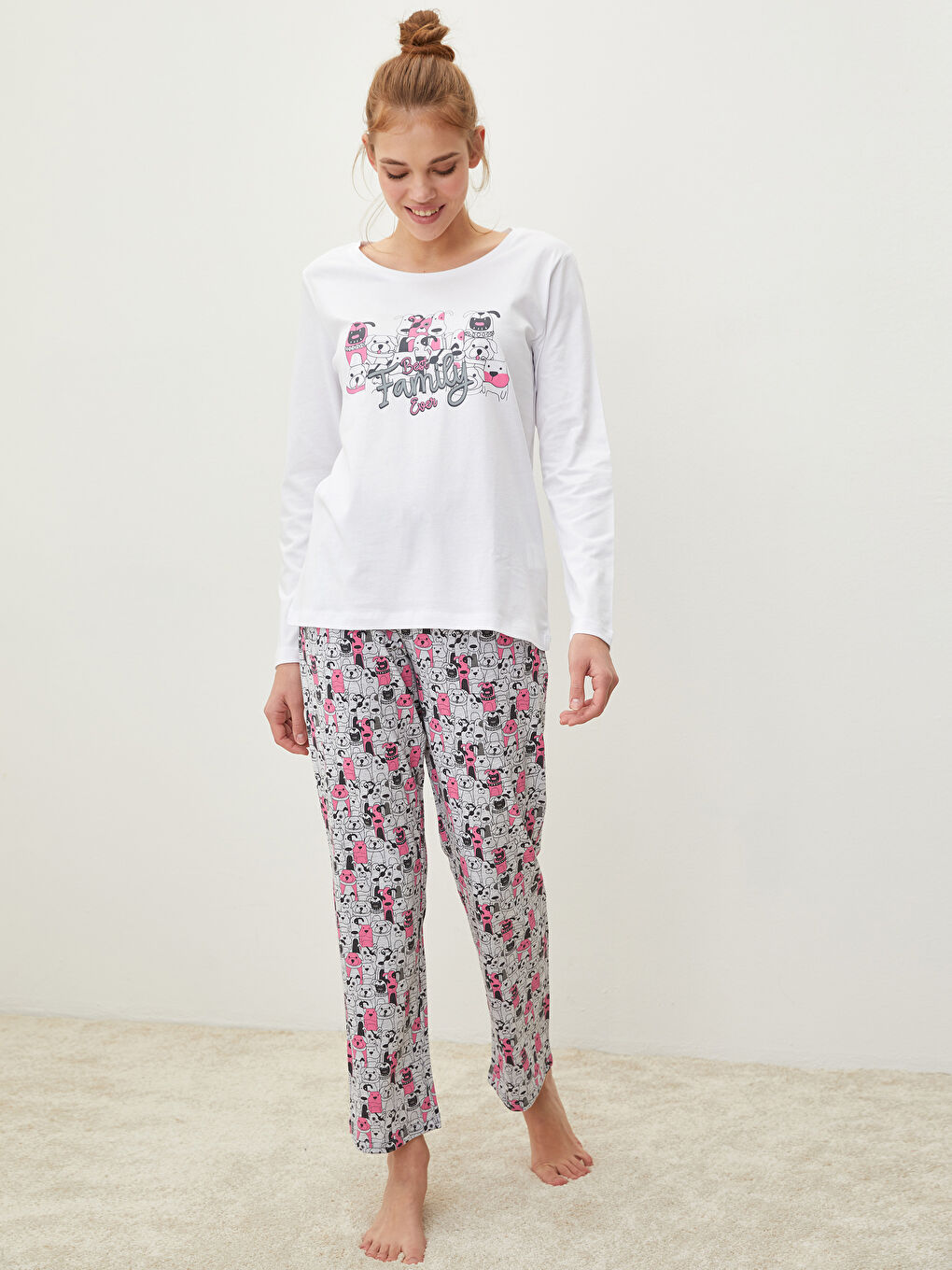 Gri Bisiklet Yaka Desenli Uzun Kollu Kadın Pijama Takımı-1