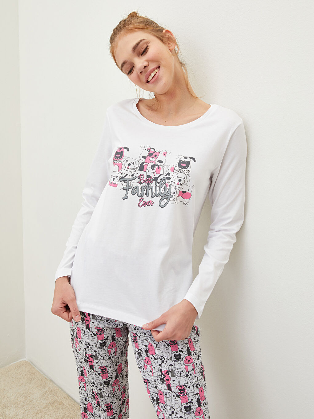 Gri Bisiklet Yaka Desenli Uzun Kollu Kadın Pijama Takımı-2