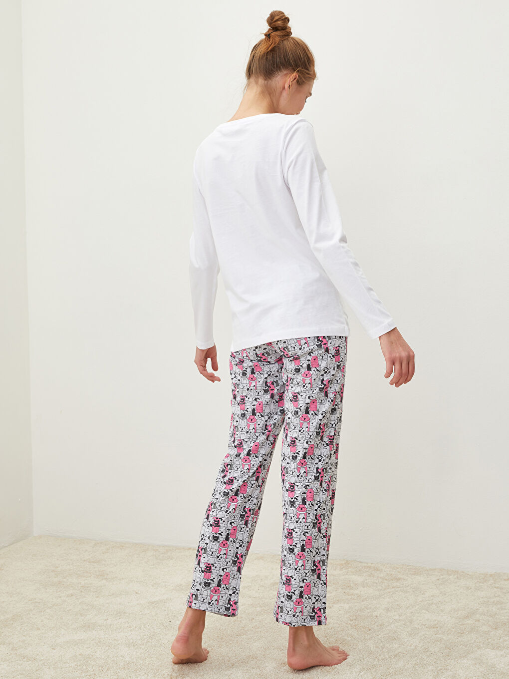 Gri Bisiklet Yaka Desenli Uzun Kollu Kadın Pijama Takımı-3