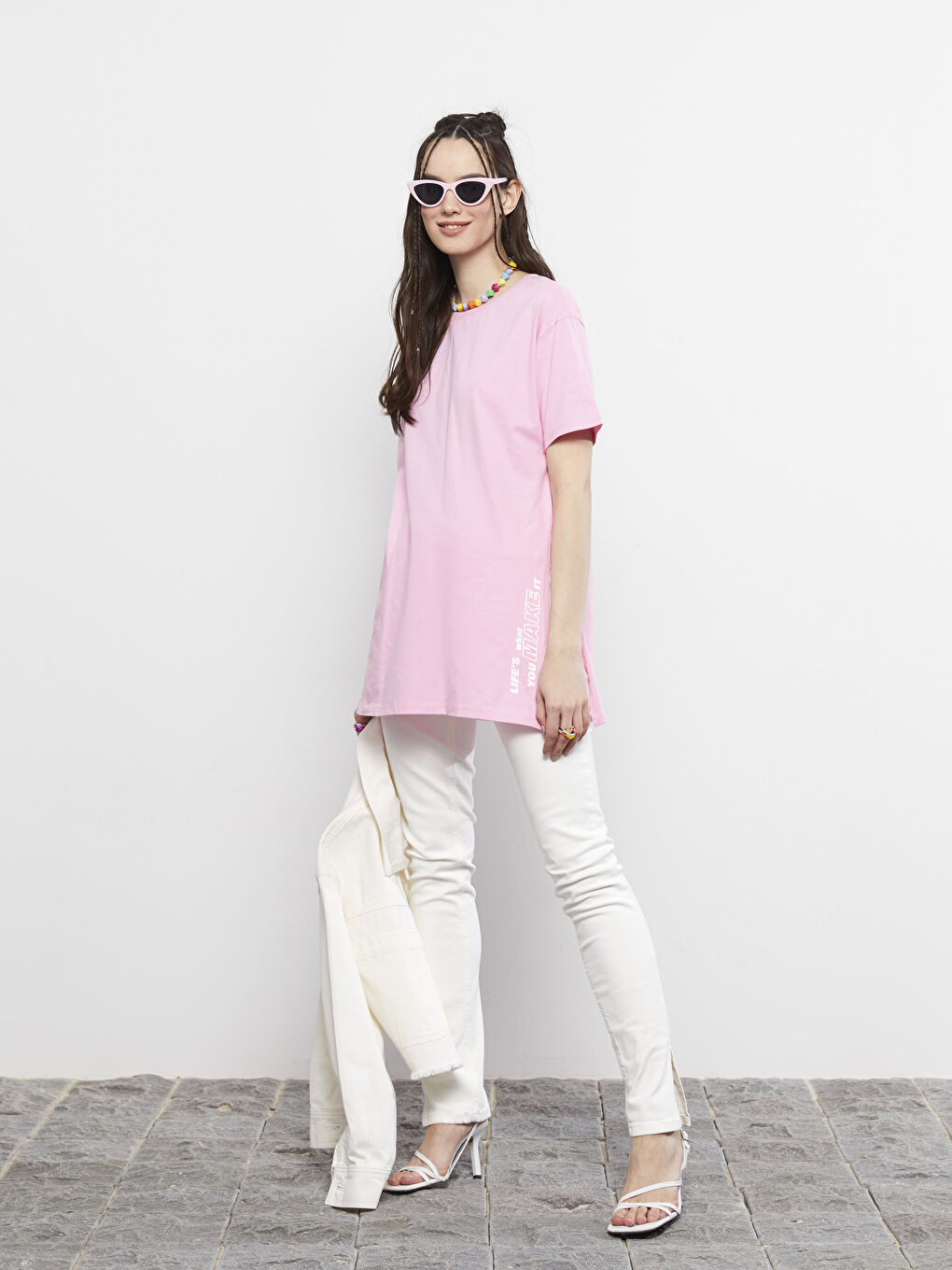 Okrugli izrez, štampano slovo, kratki rukav, pamučna ženska majica-1