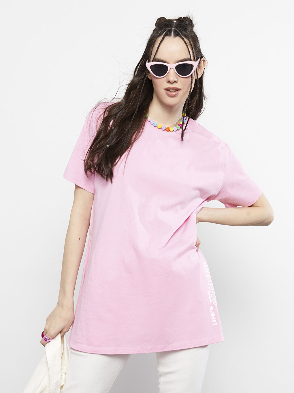 Okrugli izrez, štampano slovo, kratki rukav, pamučna ženska majica-5