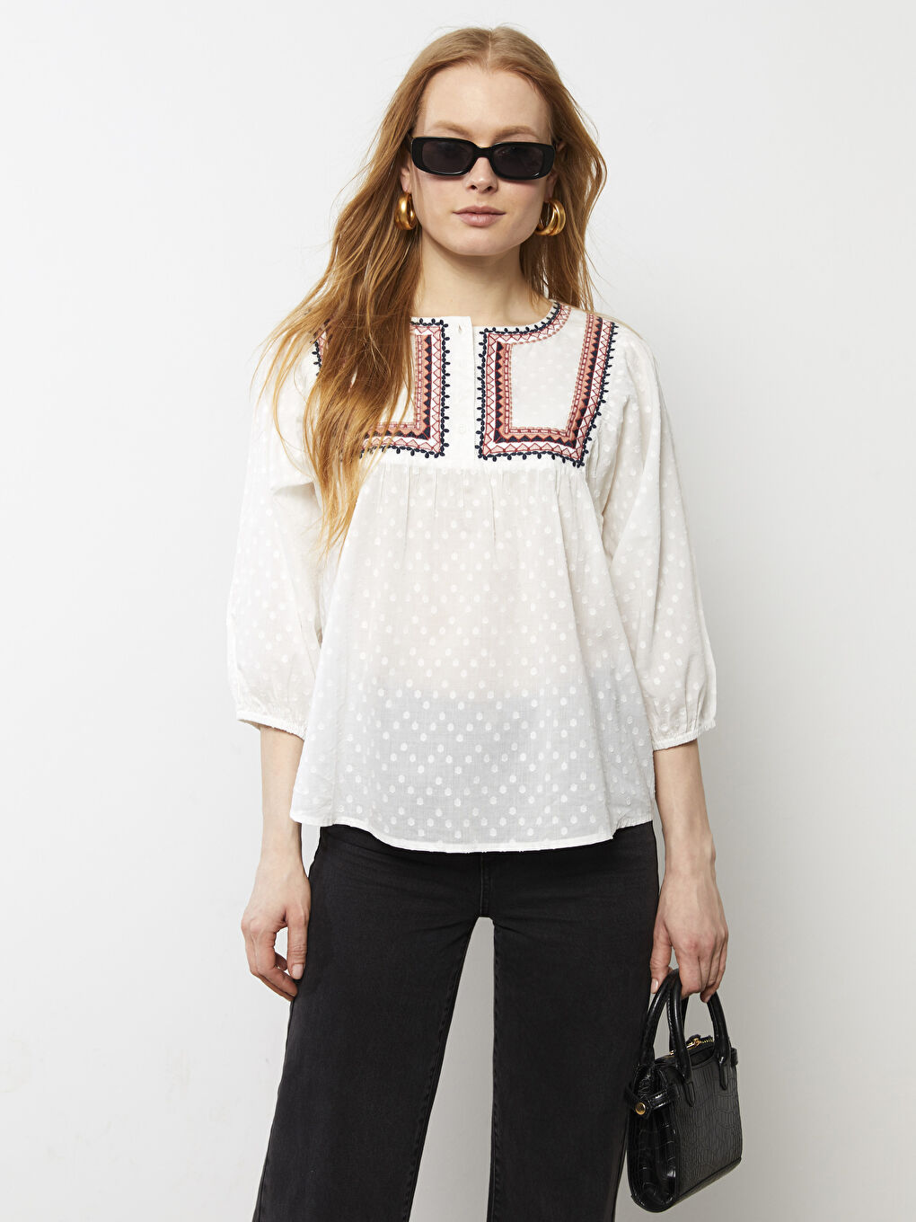 Bluză din Bumbac cu Mânecă Lungă Brodată și Guler Rotund pentru Femei