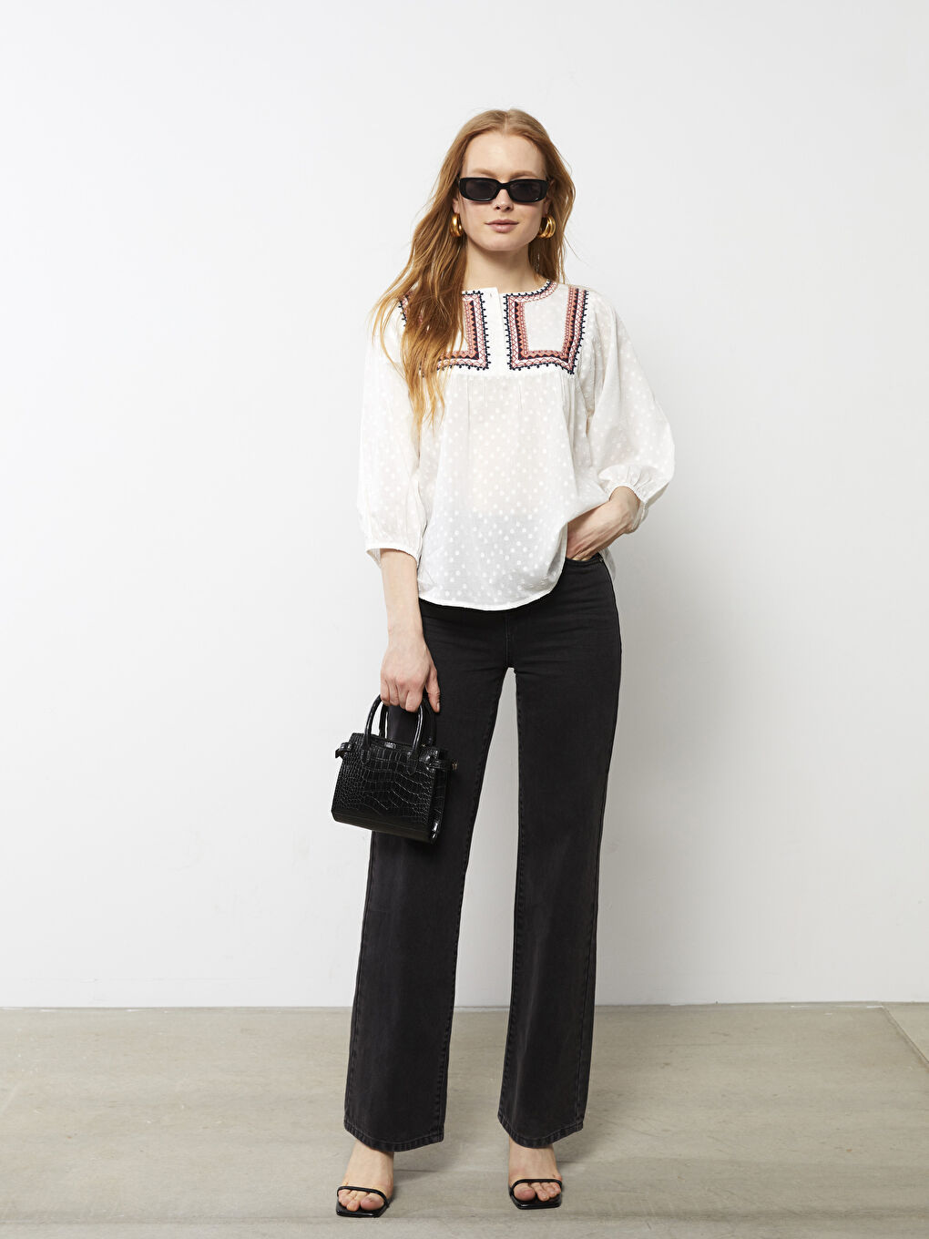 Bluză din Bumbac cu Mânecă Lungă Brodată și Guler Rotund pentru Femei-1