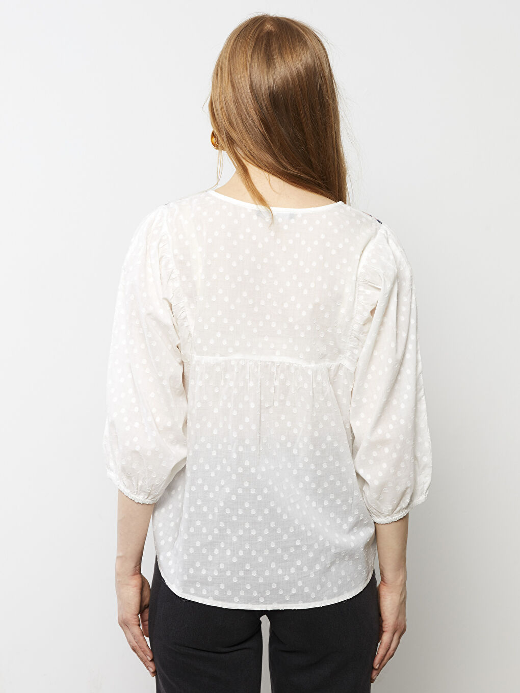 Bluză din Bumbac cu Mânecă Lungă Brodată și Guler Rotund pentru Femei-3