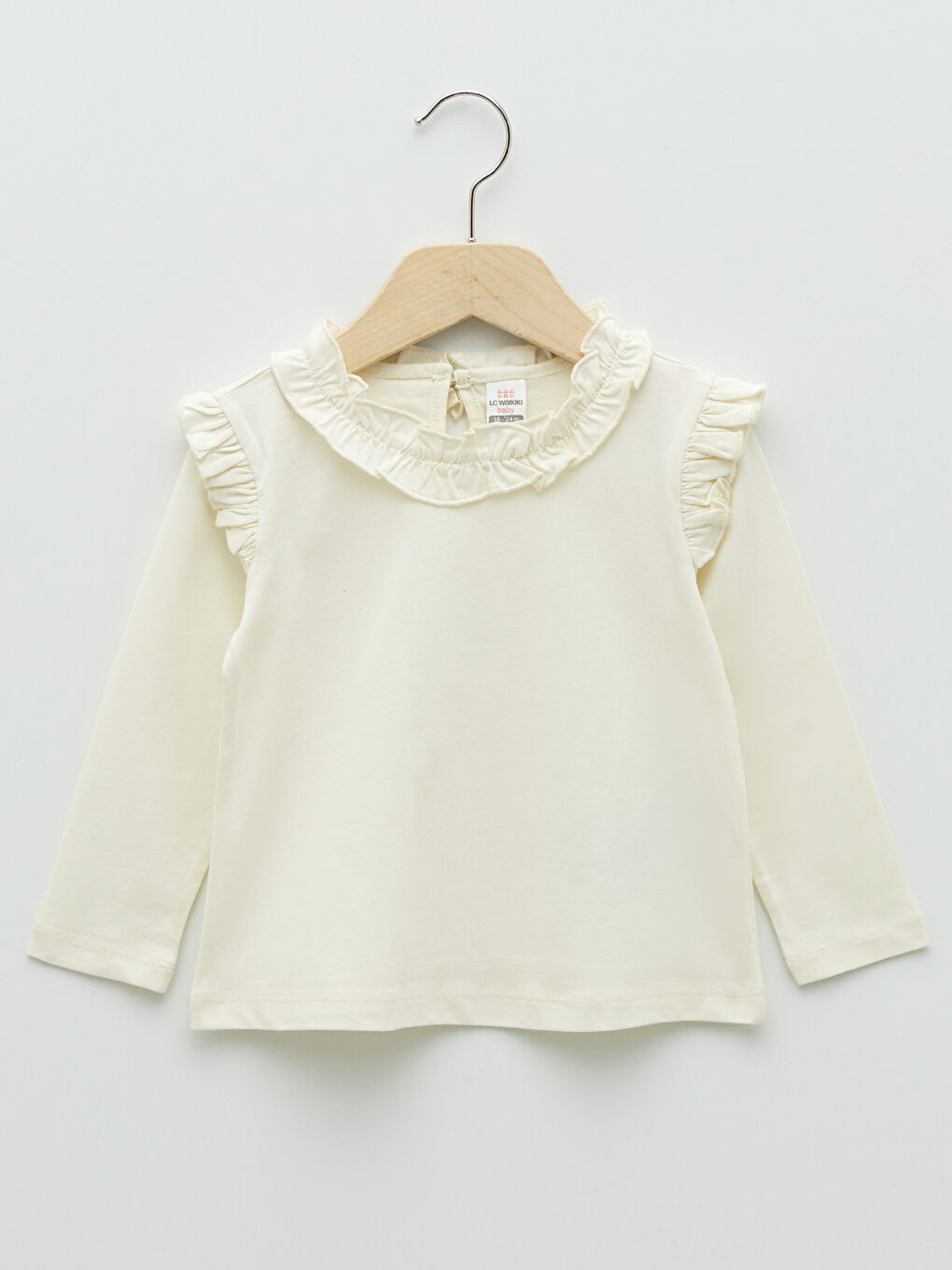 Ekru Bisiklet Yaka Uzun Kol Basic Kız Bebek Tişört