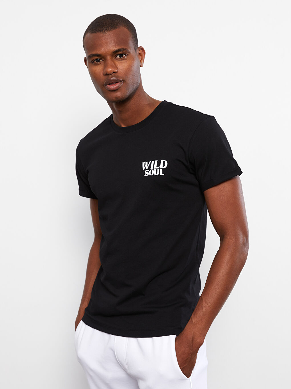 Siyah Bisiklet Yaka Kısa Kollu Baskılı Penye Erkek Tişört-1