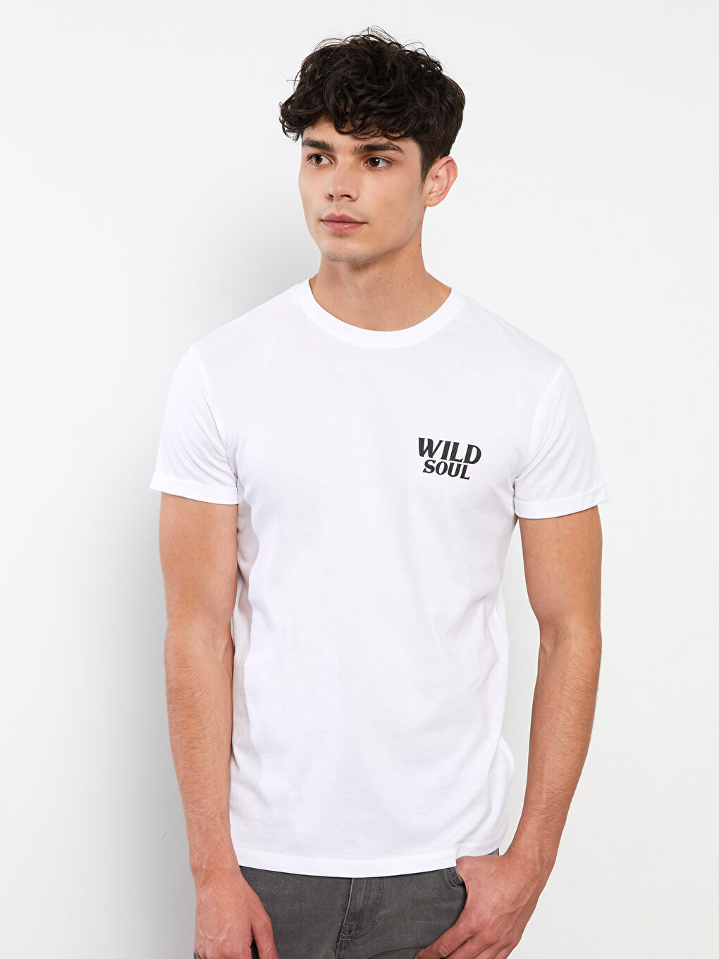 Beyaz Bisiklet Yaka Kısa Kollu Baskılı Penye Erkek Tişört-2