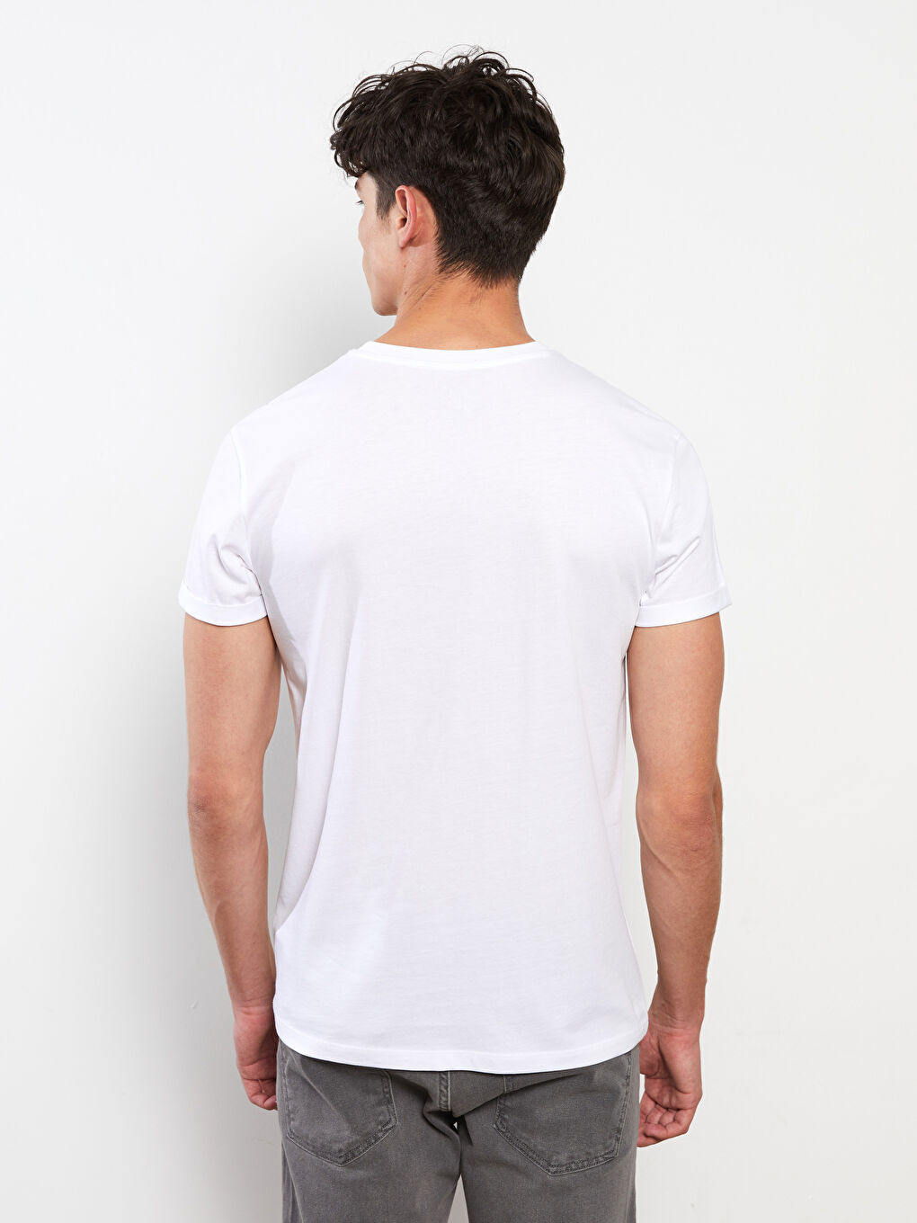 Beyaz Bisiklet Yaka Kısa Kollu Baskılı Penye Erkek Tişört-4