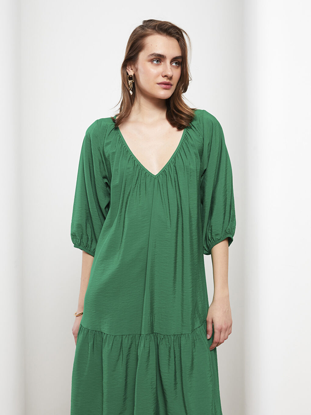 Yeşil Kadın V Yaka Düz Elbise-3