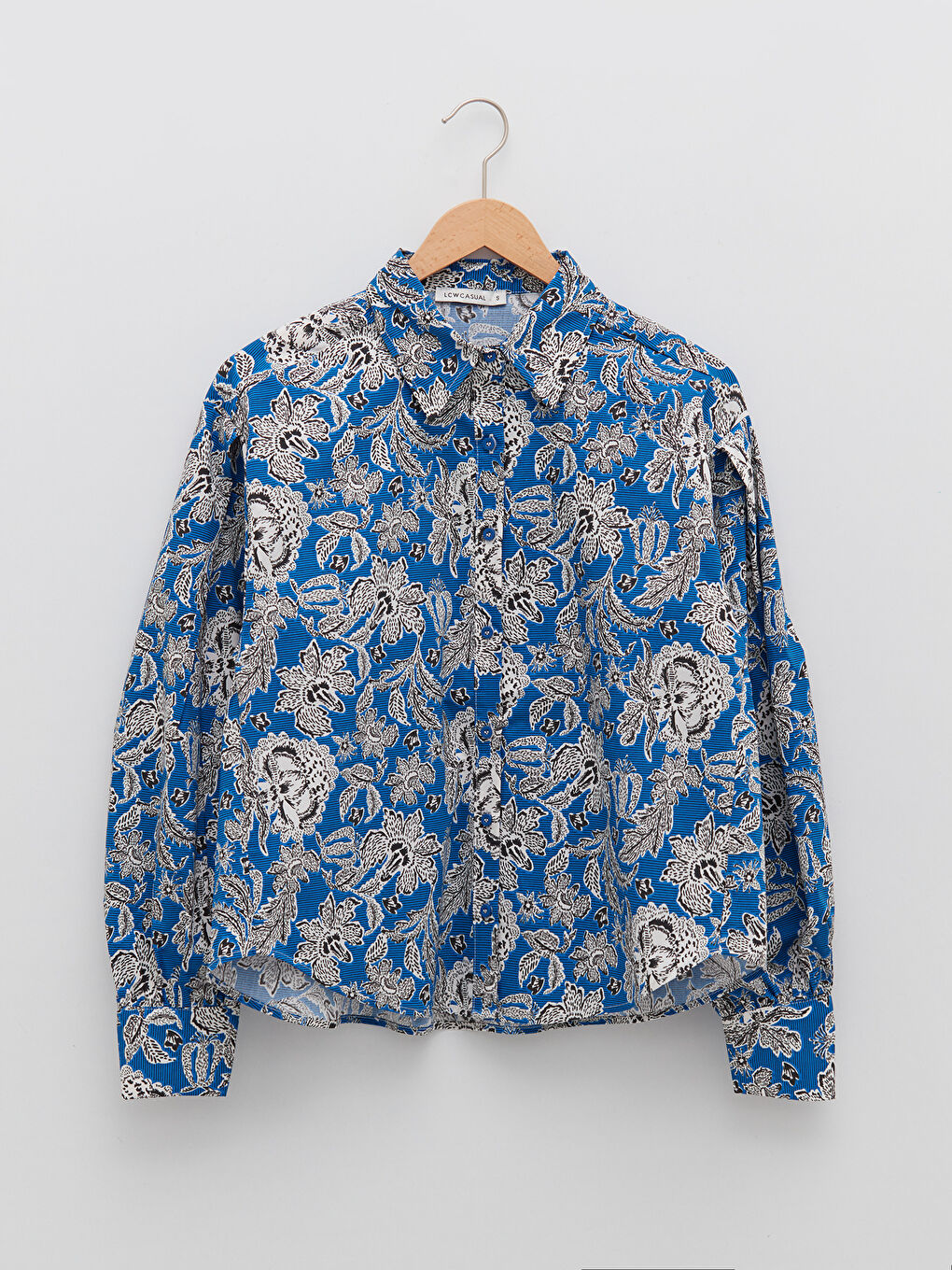 Mavi Önden Düğme Kapamalı Çiçekli Uzun Kollu Poplin Kadın Gömlek-5