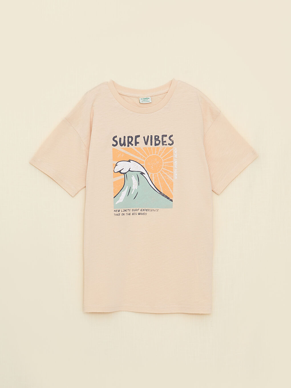 Bej Bisiklet Yaka Baskılı Kısa Kollu Erkek Çocuk Tişört