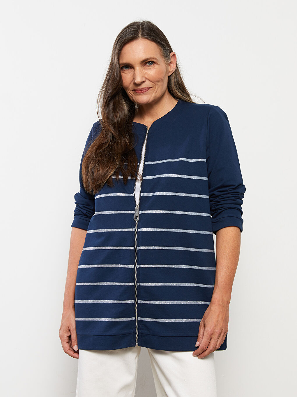 Lacivert Bisiklet Yaka Çizgili Uzun Kollu Kadın Hırka