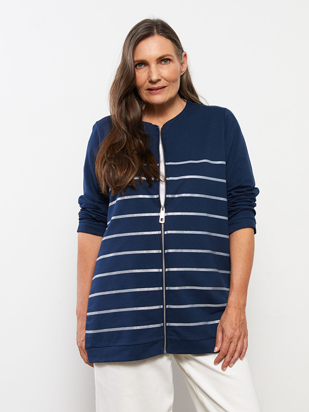Lacivert Bisiklet Yaka Çizgili Uzun Kollu Kadın Hırka-1