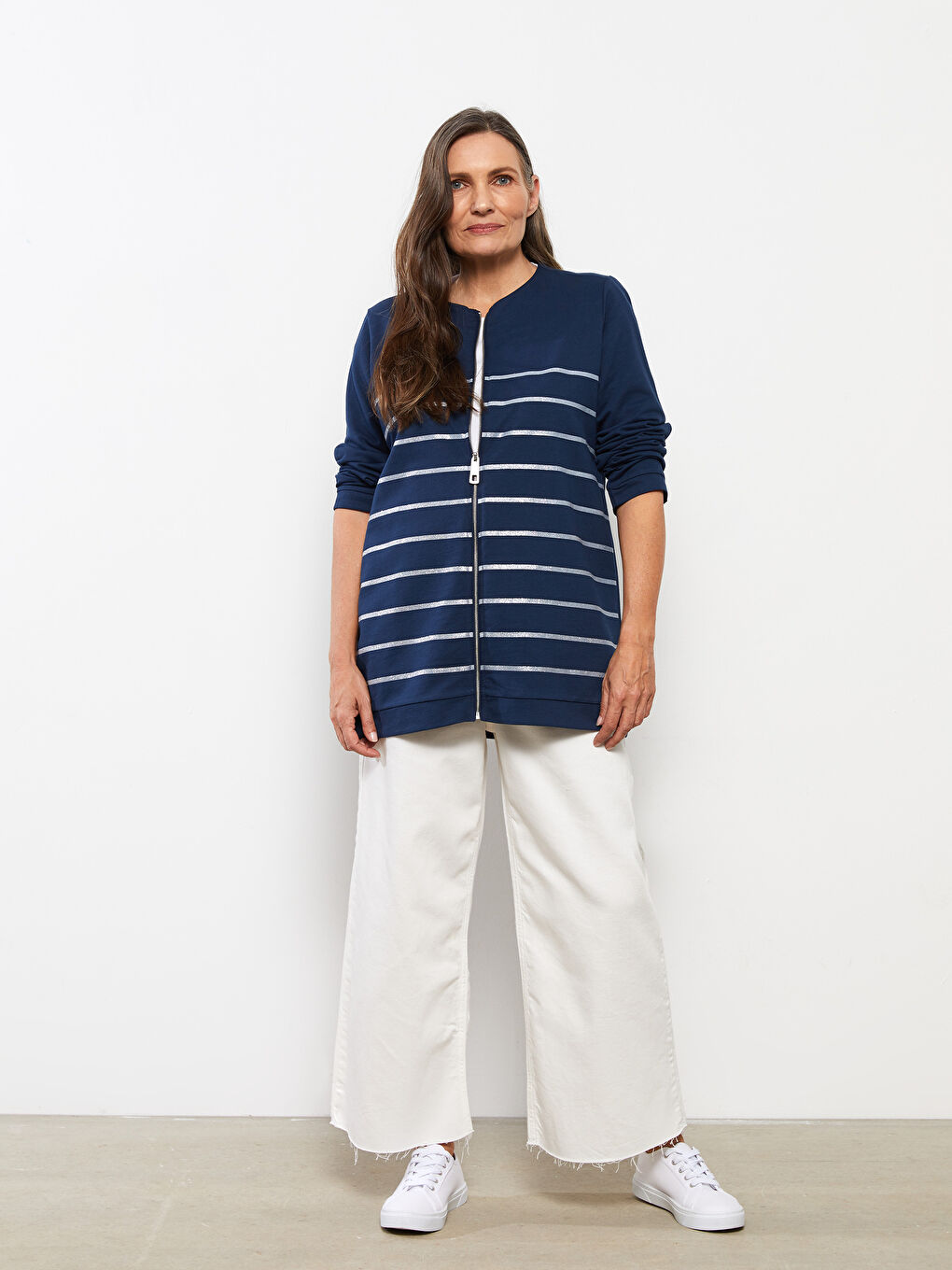 Lacivert Bisiklet Yaka Çizgili Uzun Kollu Kadın Hırka-2