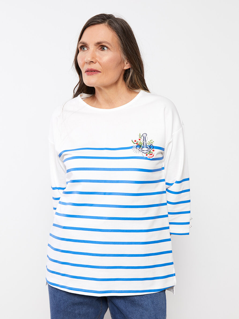 Beyaz Kadın Bisiklet Yaka Çizgili Tişört-2