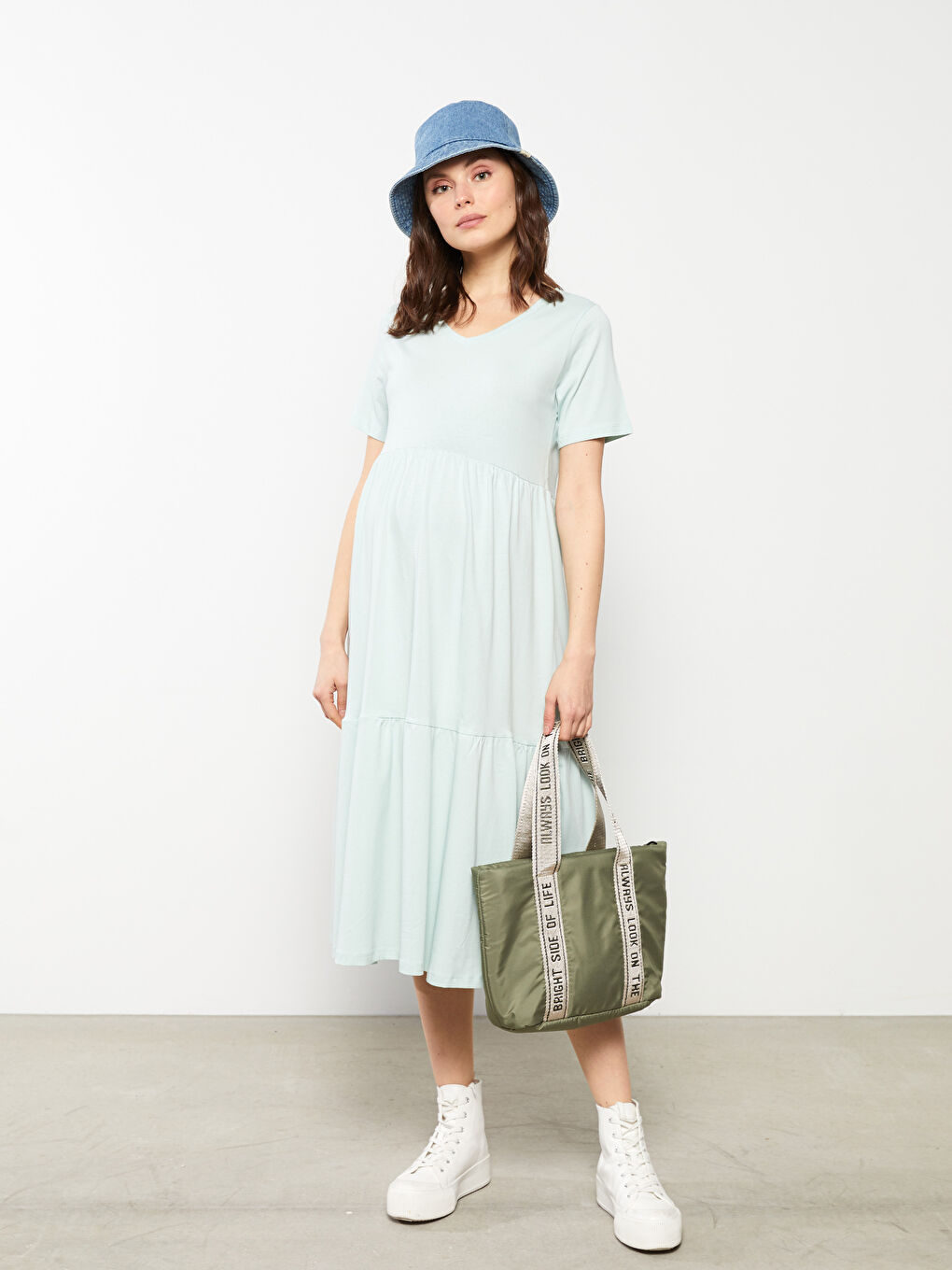 Turkuaz V Yaka Düz Kısa Kollu Pamuklu Hamile Elbise