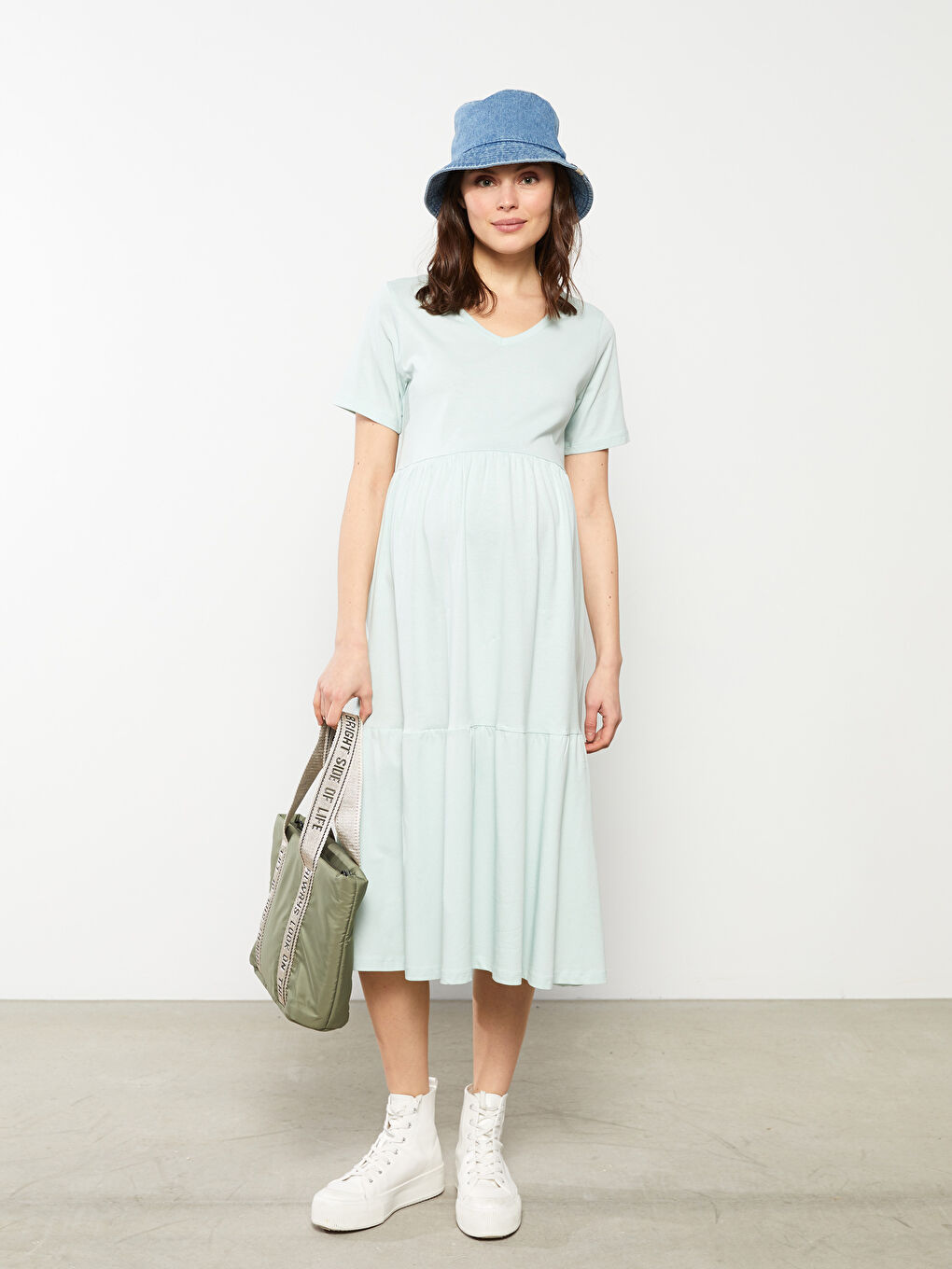 Turkuaz V Yaka Düz Kısa Kollu Pamuklu Hamile Elbise-1