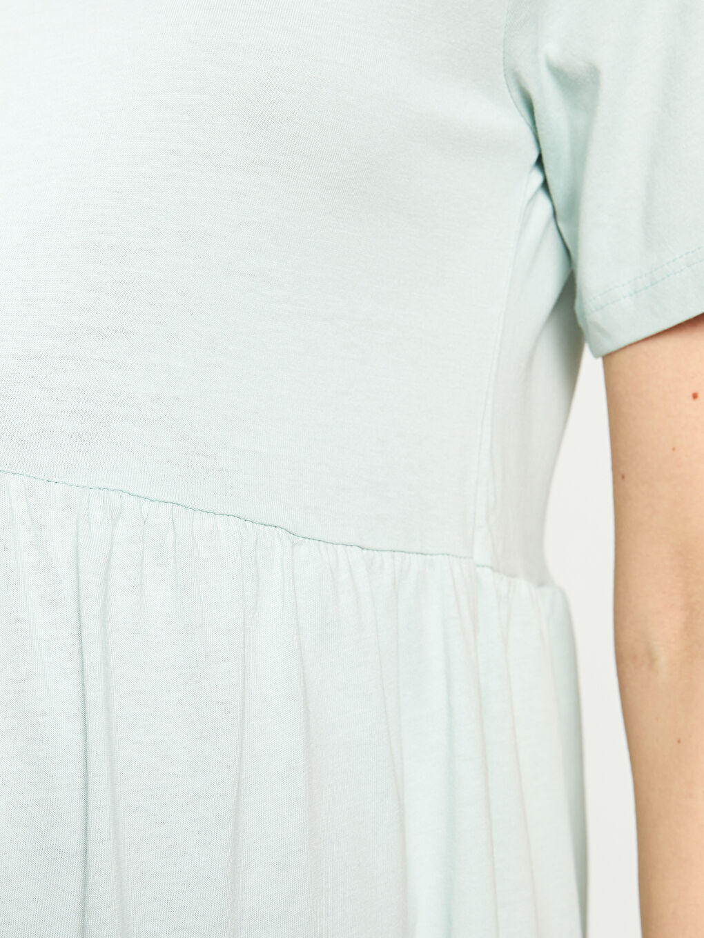 Turkuaz V Yaka Düz Kısa Kollu Pamuklu Hamile Elbise-3