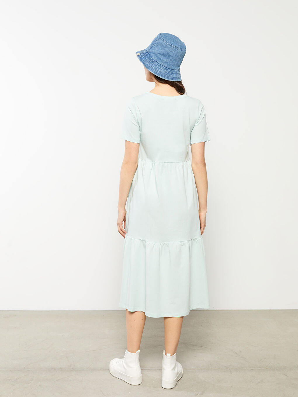 Turkuaz V Yaka Düz Kısa Kollu Pamuklu Hamile Elbise-4