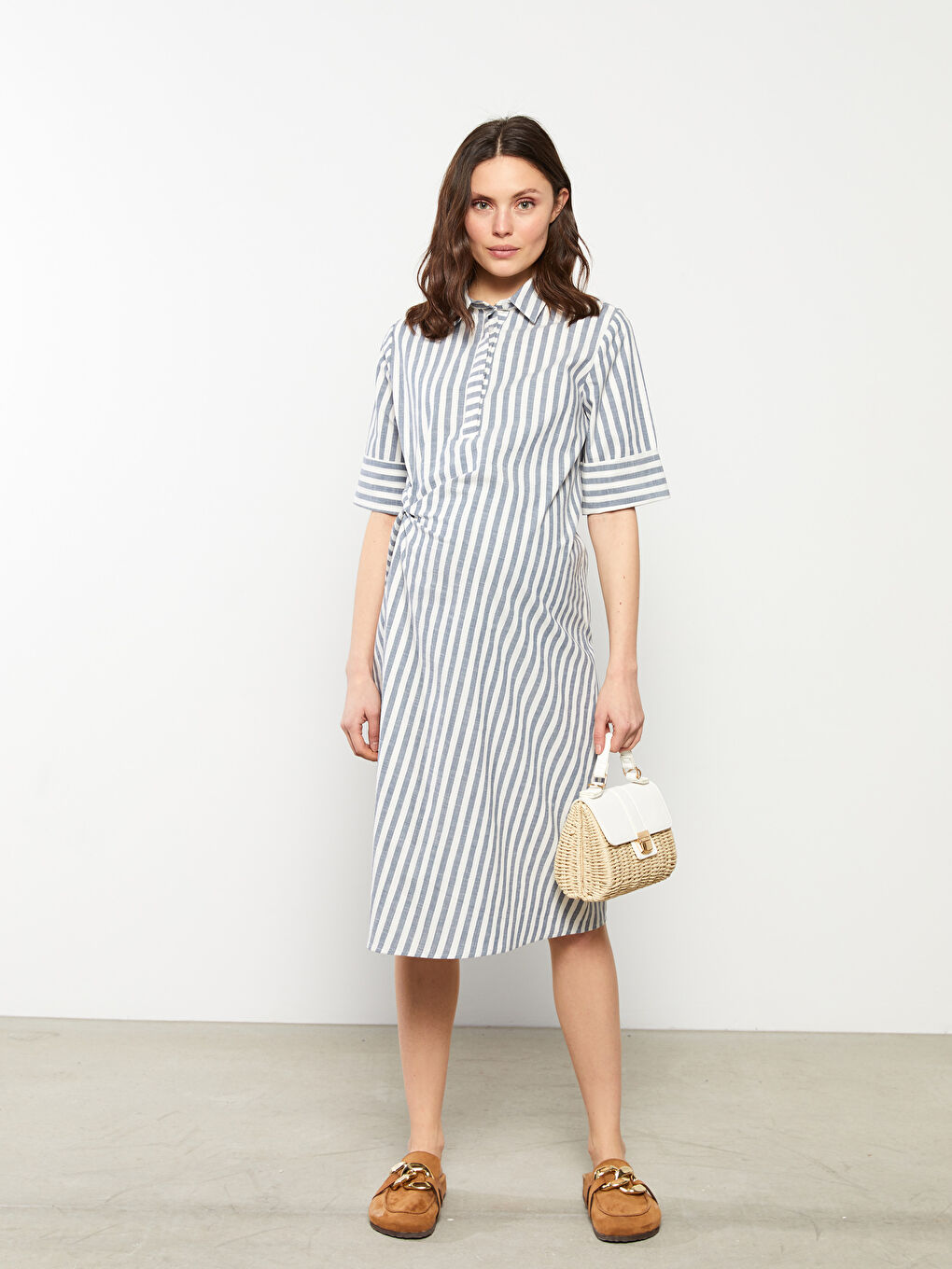 Shirt Collar Striped Short Sleeve Poplin Maternity Dress -S2FS75Z8-LEN