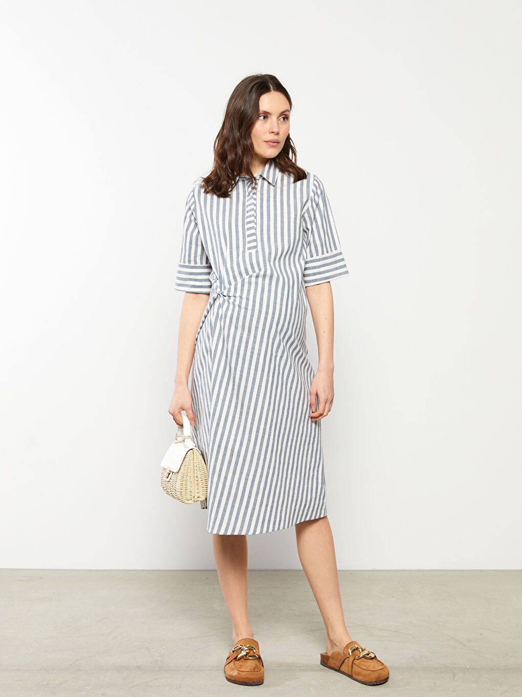 Shirt Collar Striped Short Sleeve Poplin Maternity Dress -S2FS75Z8-LEN