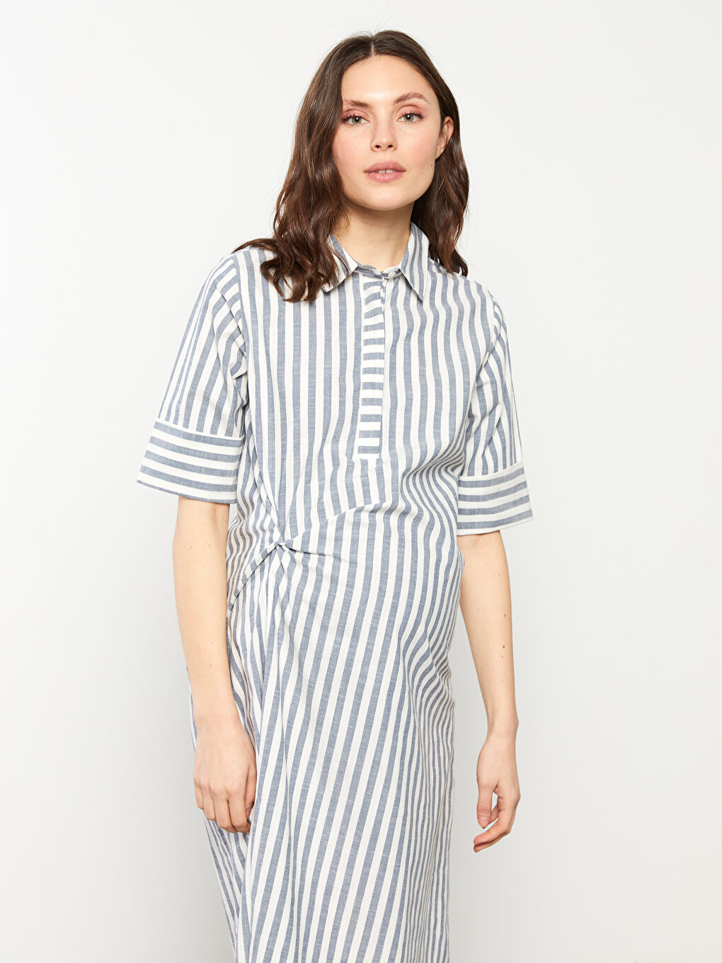 Shirt Collar Striped Short Sleeve Poplin Maternity Dress -S2FS75Z8-LEN