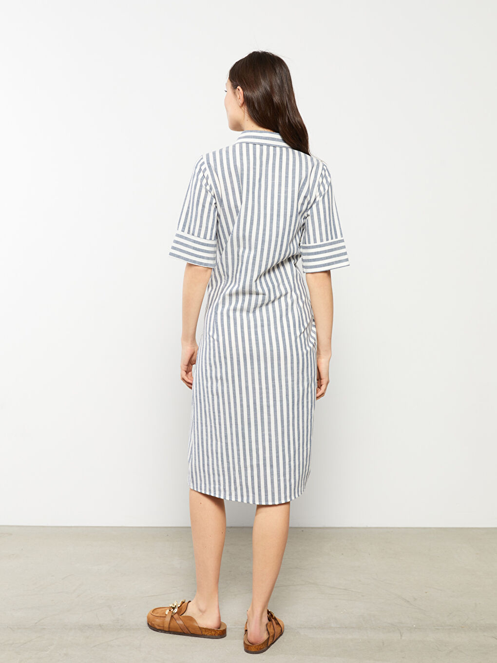 Shirt Collar Striped Short Sleeve Poplin Maternity Dress -S2FS75Z8-LEN