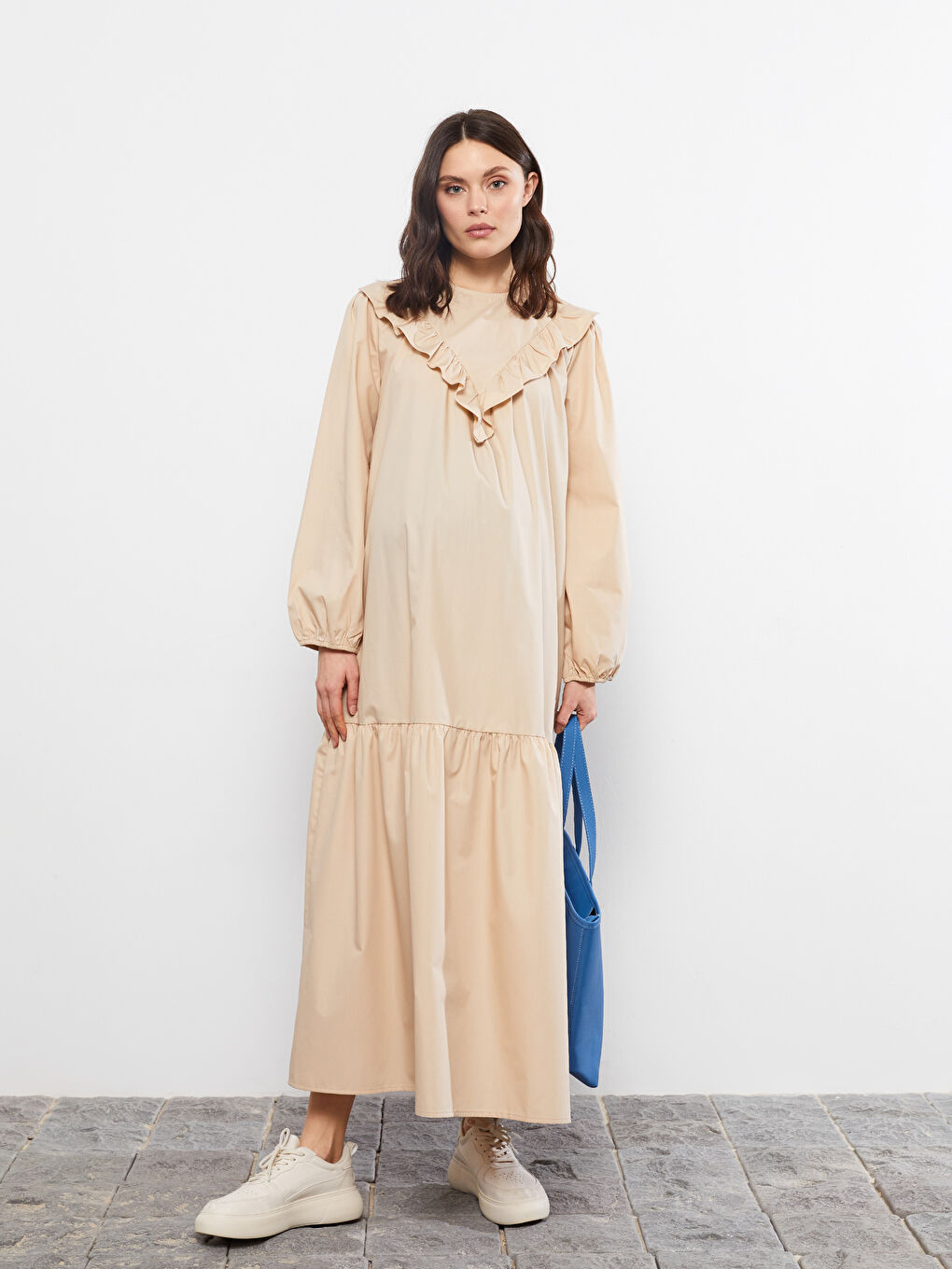 Bej Bisiklet Yaka Desenli Uzun Kollu Poplin Hamile Elbise