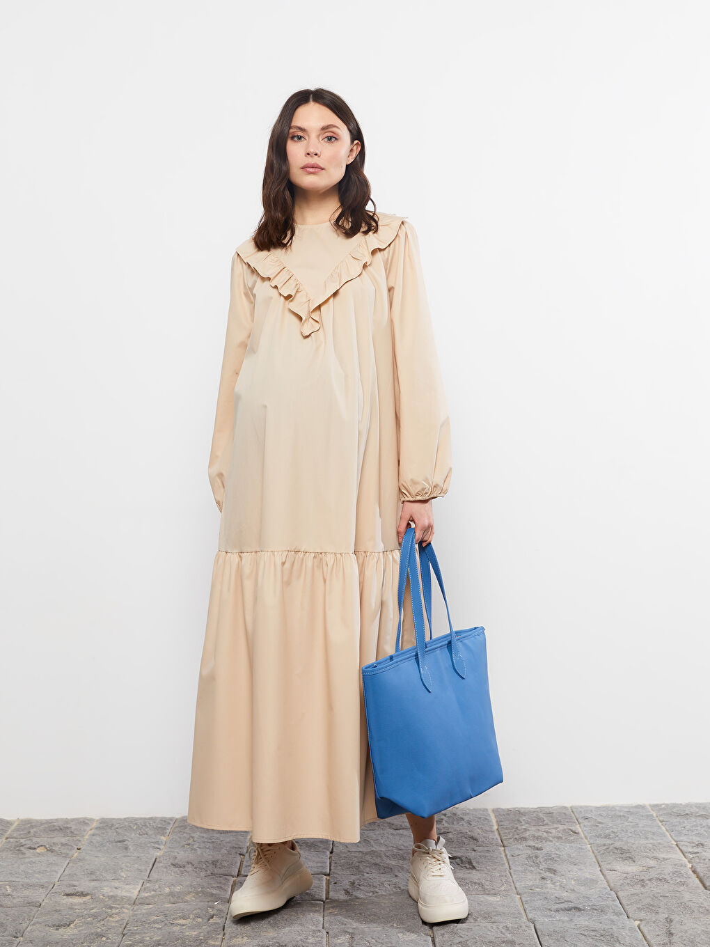 Bej Bisiklet Yaka Desenli Uzun Kollu Poplin Hamile Elbise-1