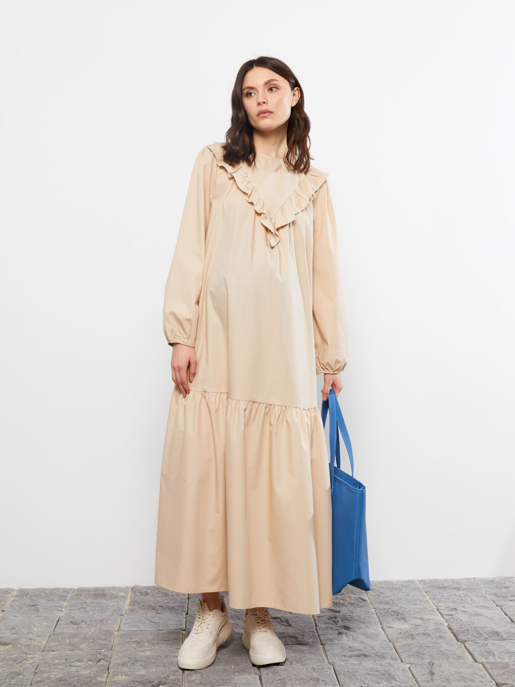 Bej Bisiklet Yaka Desenli Uzun Kollu Poplin Hamile Elbise-2