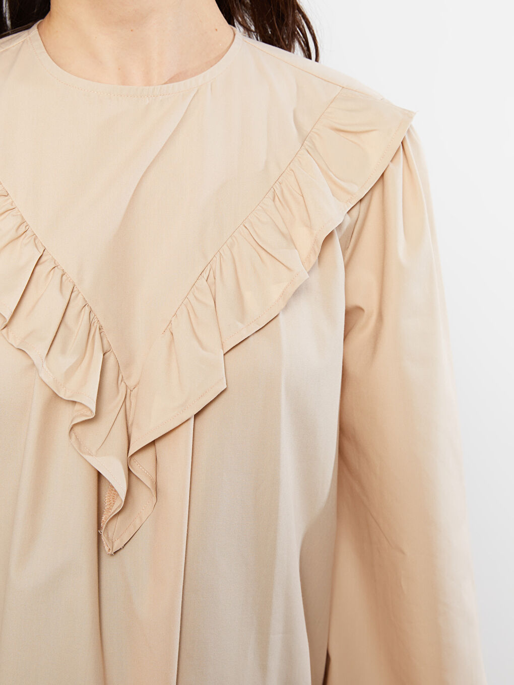 Bej Bisiklet Yaka Desenli Uzun Kollu Poplin Hamile Elbise-3