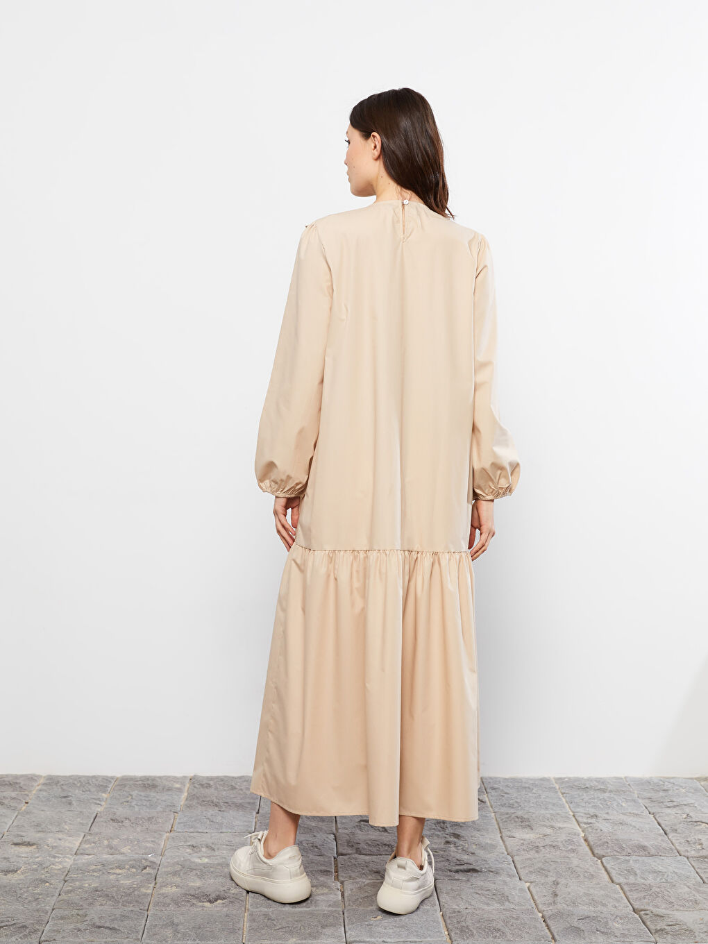 Bej Bisiklet Yaka Desenli Uzun Kollu Poplin Hamile Elbise-4