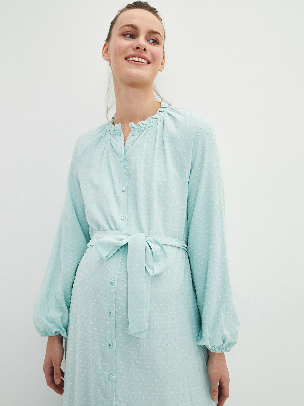 Ruffled Stand Collar Self Patterned Long Sleeve Poplin Maternity Dress -S2FS77Z8-G3R