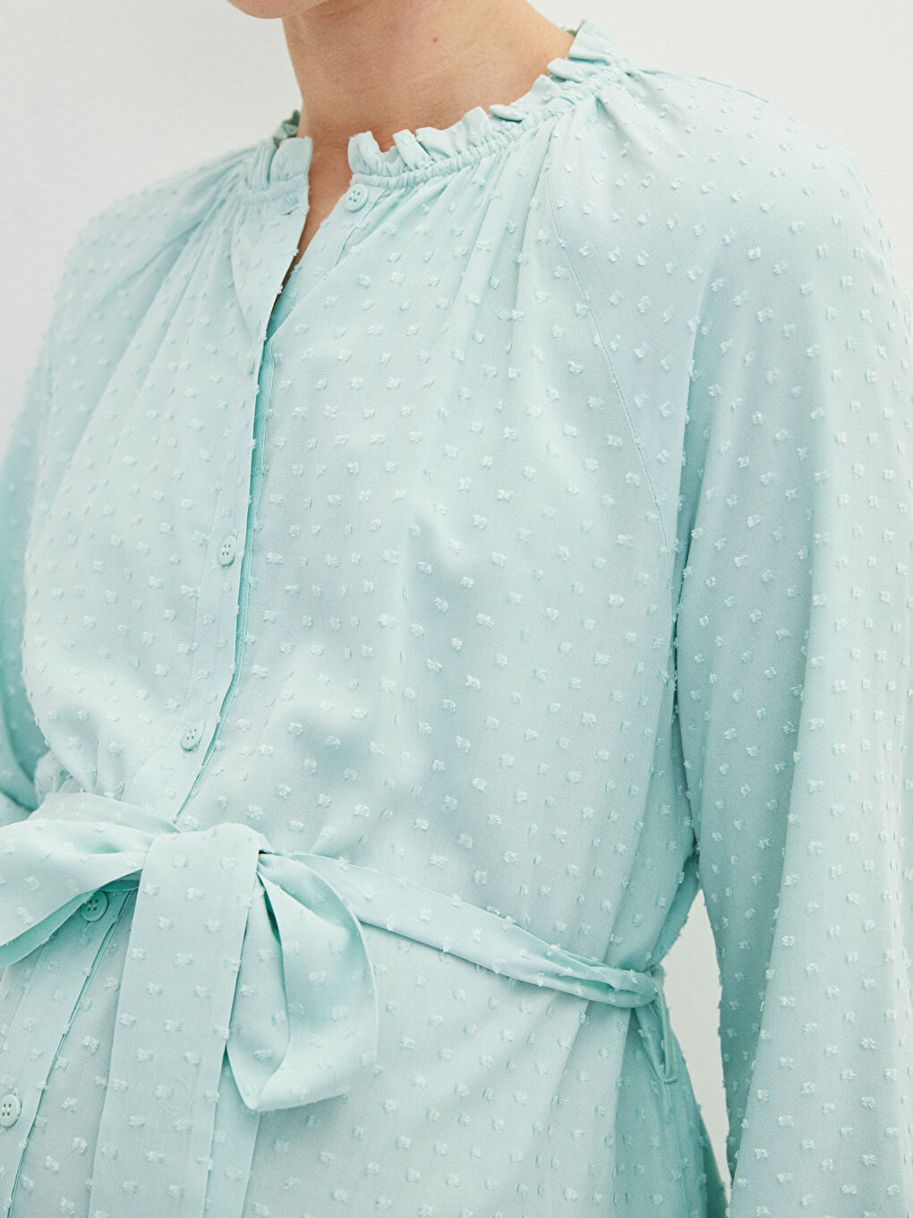 Ruffled Stand Collar Self Patterned Long Sleeve Poplin Maternity Dress -S2FS77Z8-G3R