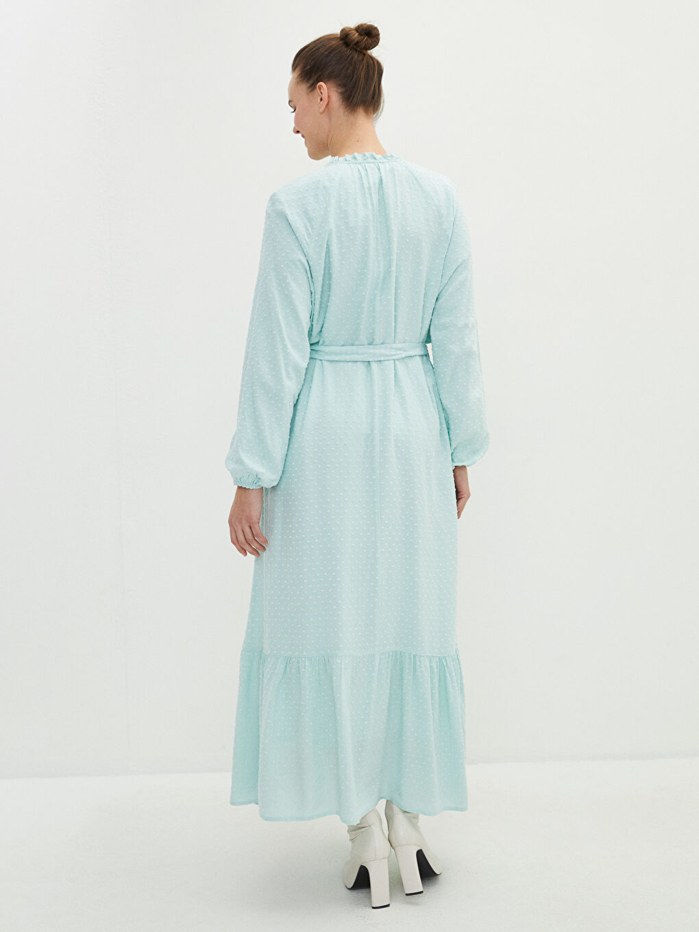Ruffled Stand Collar Self Patterned Long Sleeve Poplin Maternity Dress -S2FS77Z8-G3R