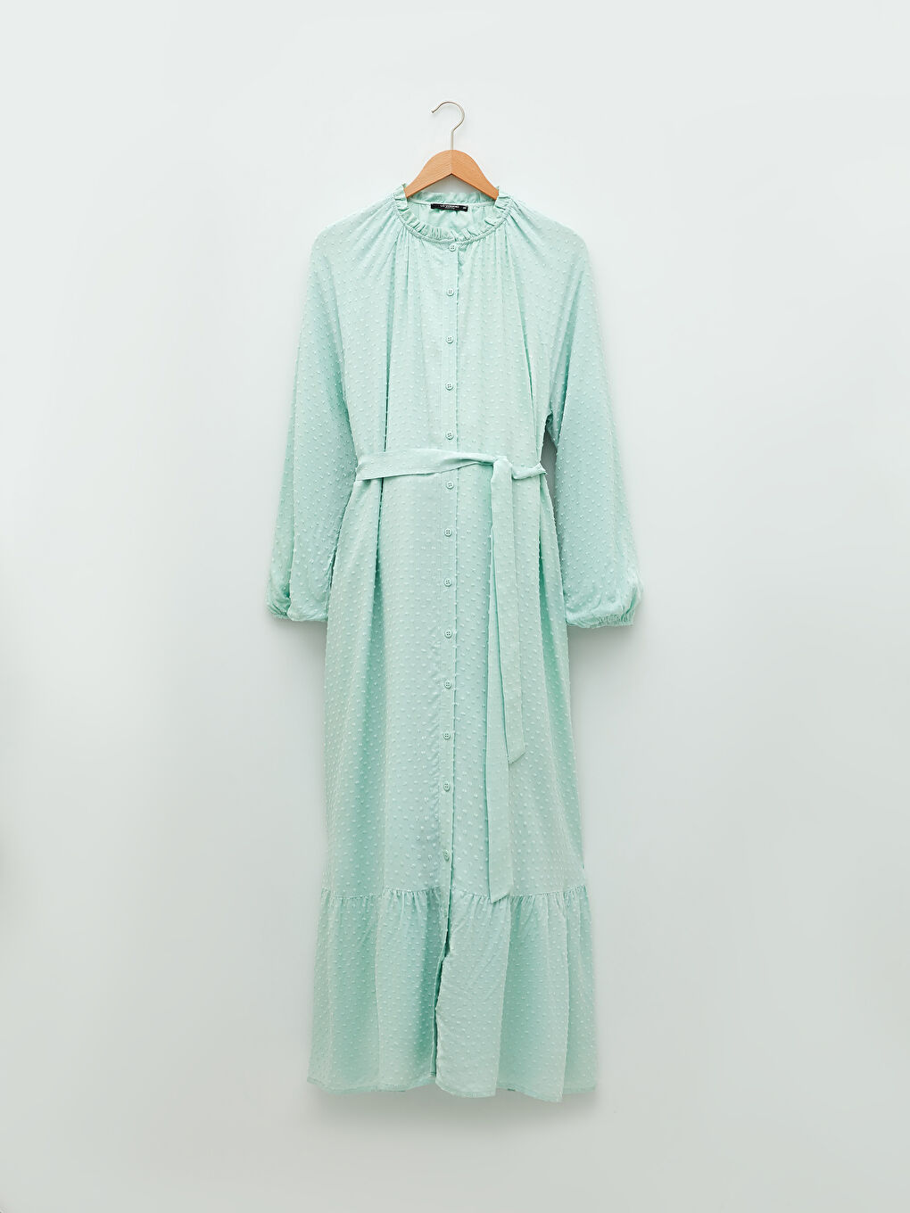 Ruffled Stand Collar Self Patterned Long Sleeve Poplin Maternity Dress -S2FS77Z8-G3R