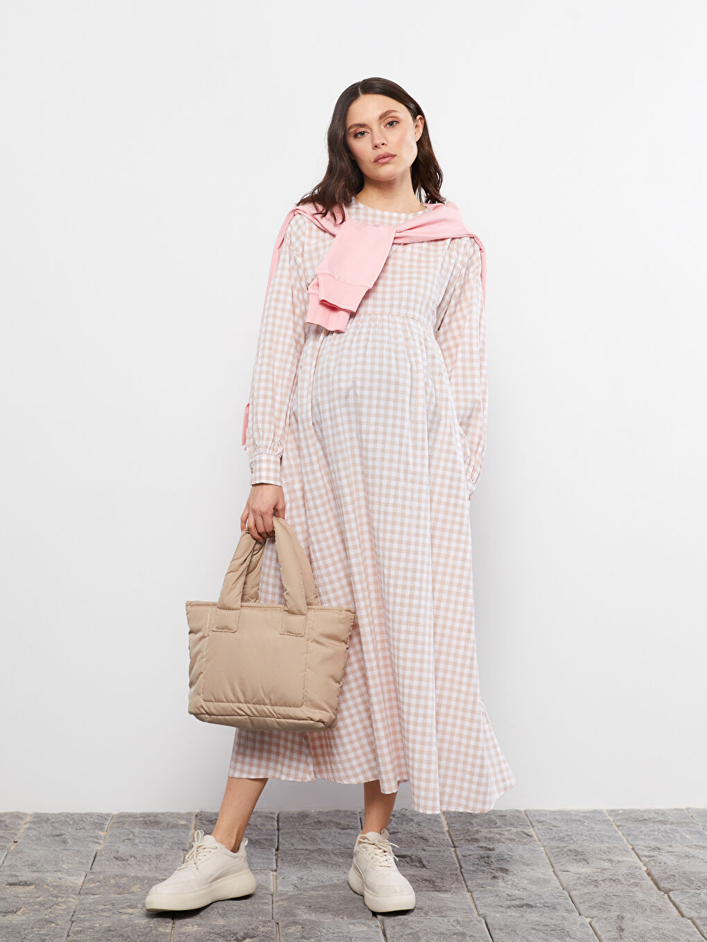 فستان حمل كاروهات كم طويل بوبلين بياقة دائرية-1