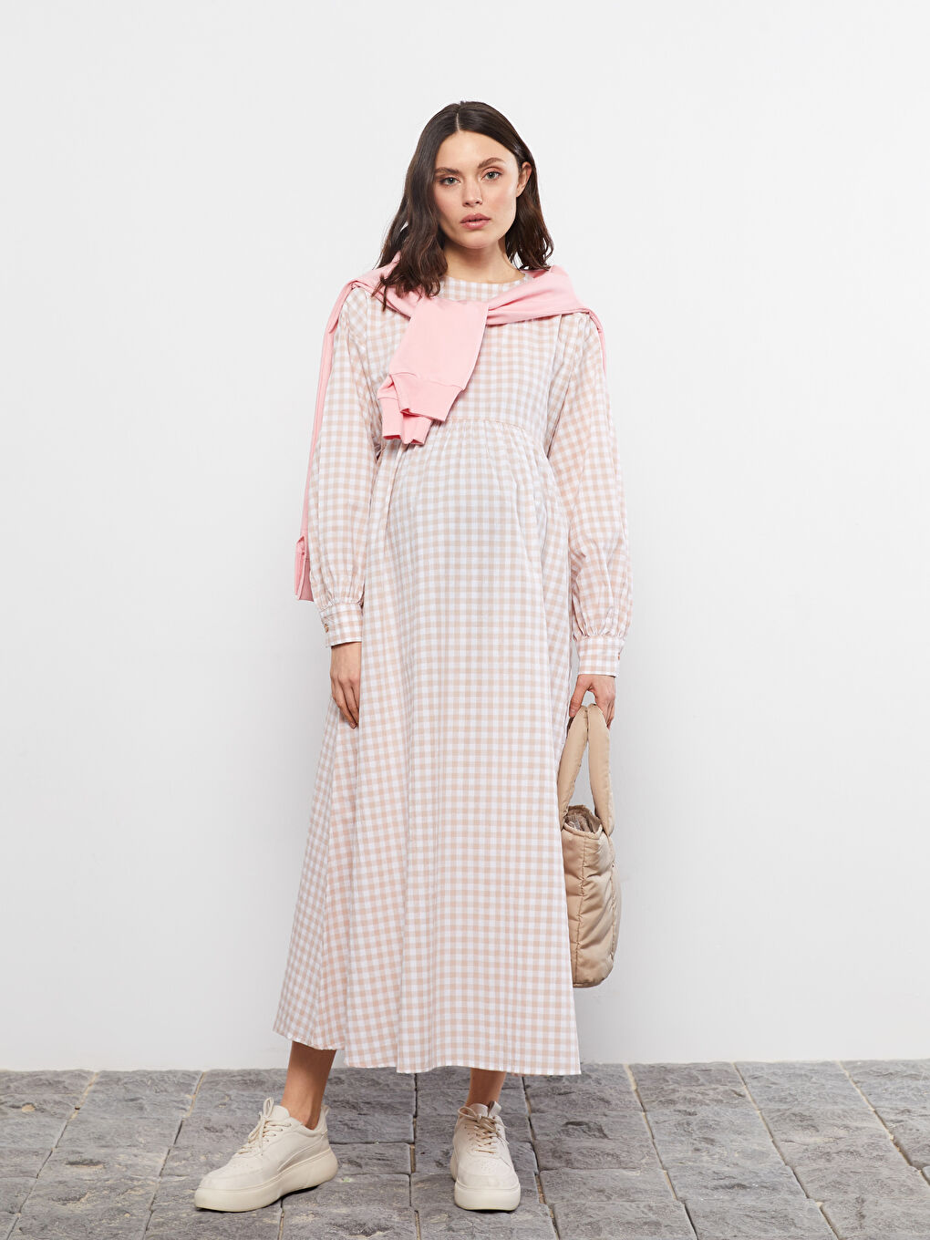 فستان حمل كاروهات كم طويل بوبلين بياقة دائرية-2