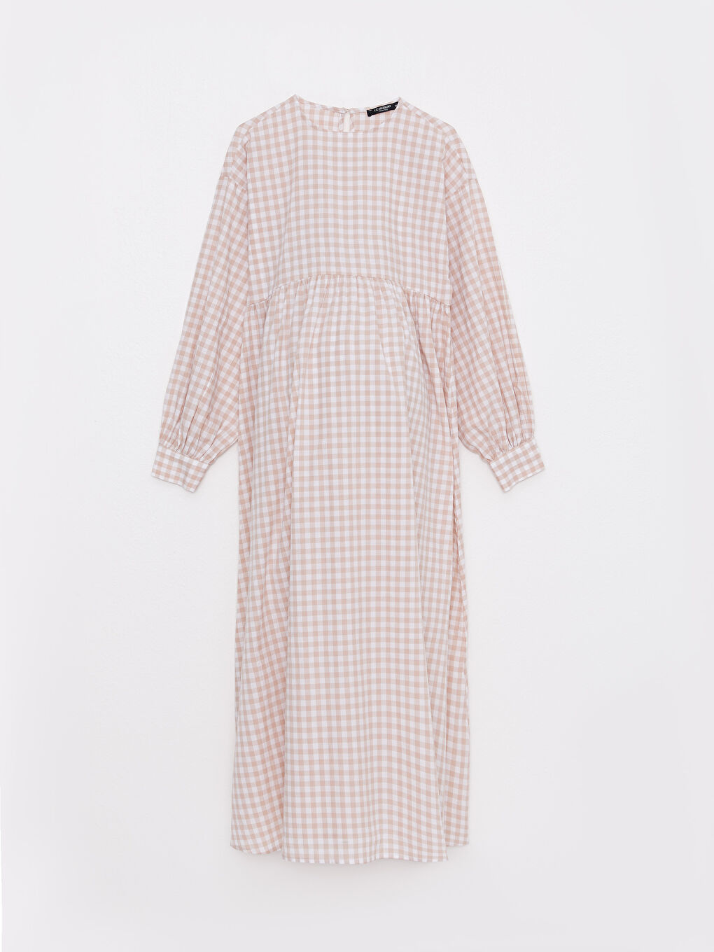 فستان حمل كاروهات كم طويل بوبلين بياقة دائرية-5