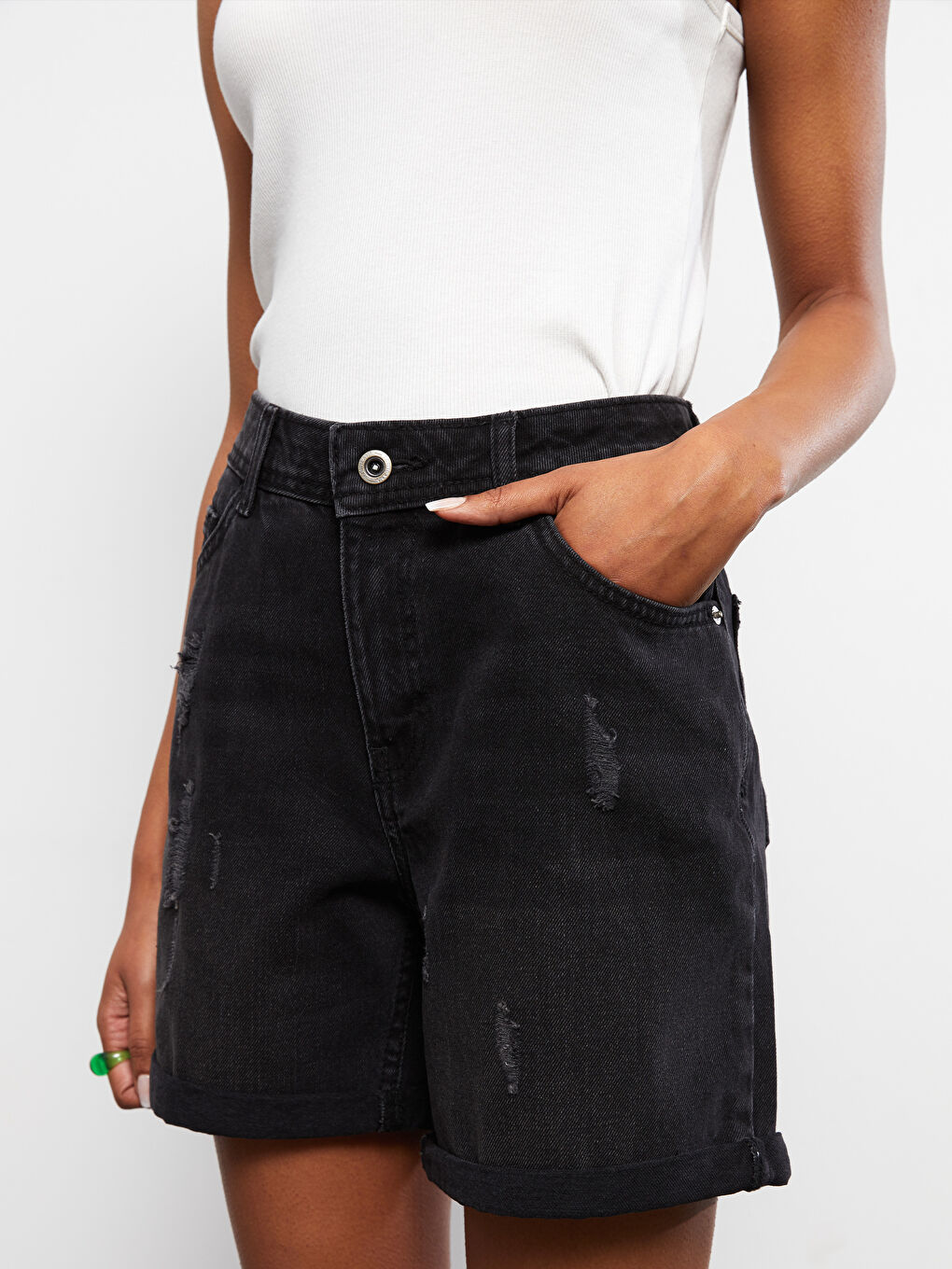 Short En Jean Rodeo Pour Femmes Taille Haute Coupe Standard Avec Poches Droites Détaillées-2