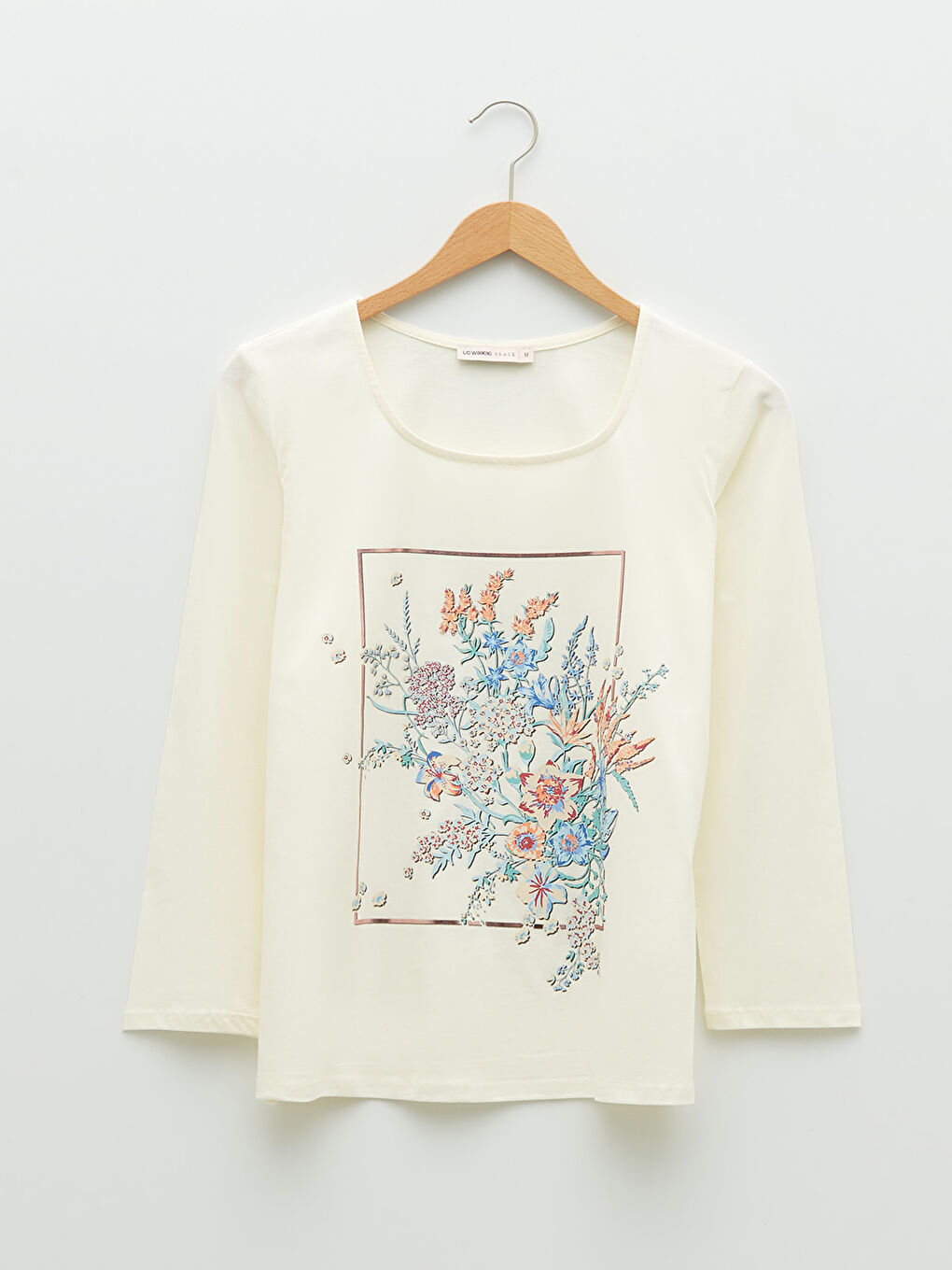 Ekru Bisiklet Yaka Baskılı Uzun Kollu Kadın Tişört-5