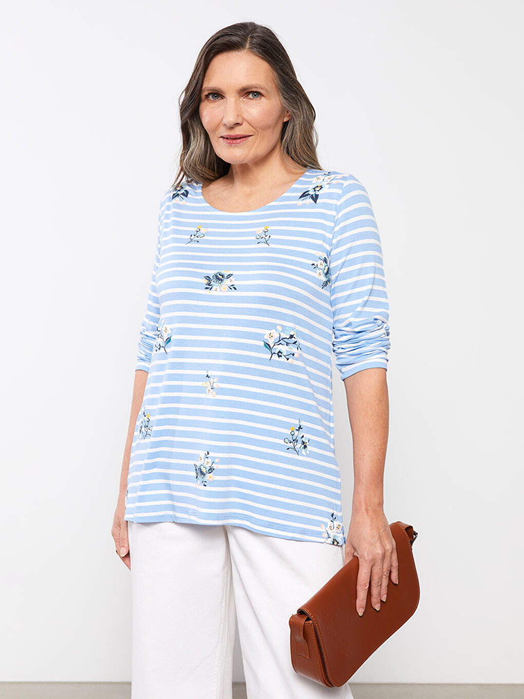 მრგვალი საყელო ზოლიანი გრძელმკლავიანი მაისური ქალებისთვის-2