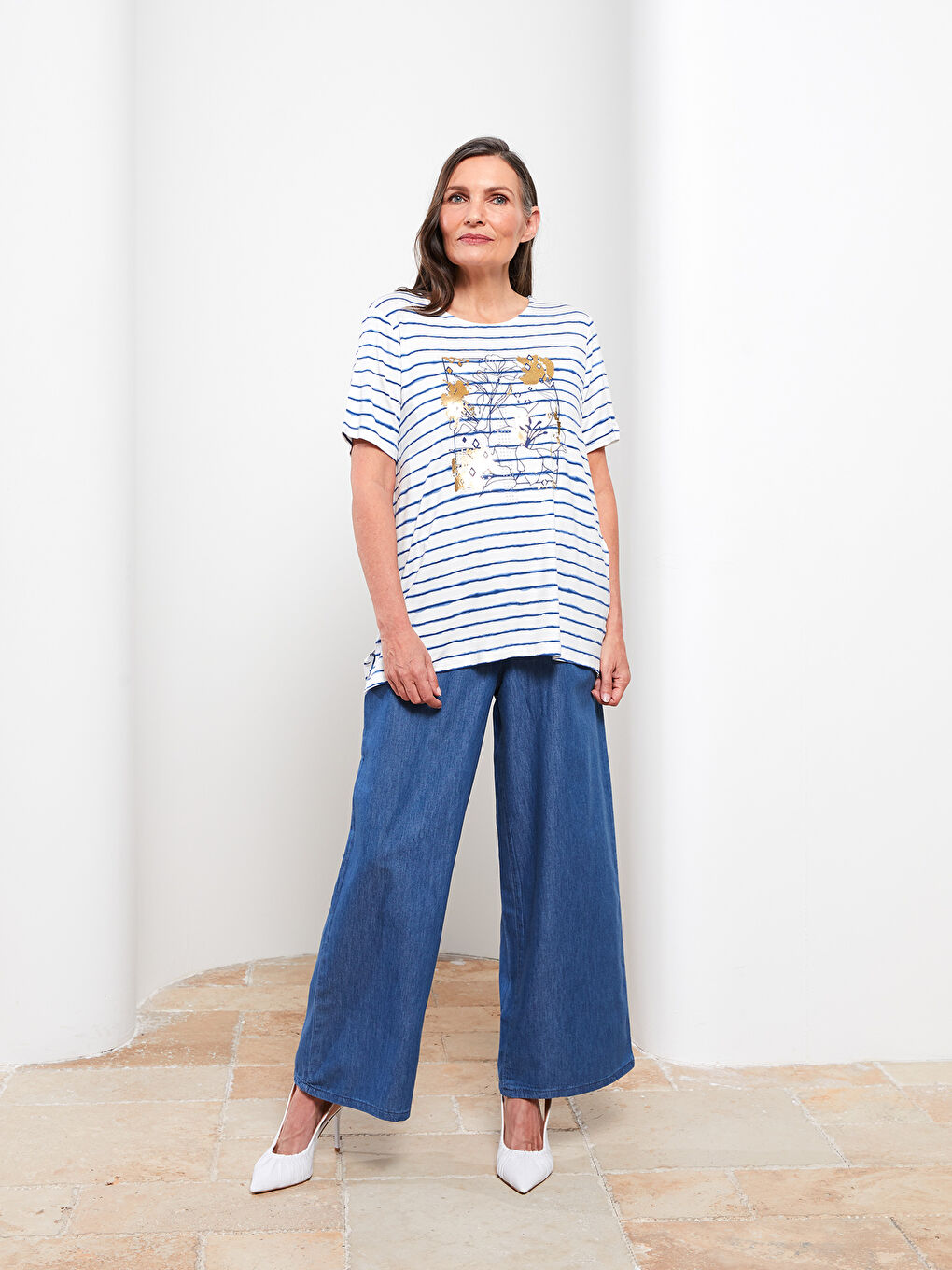 Lacivert Kadın Bisiklet Yaka Çizgili Tişört