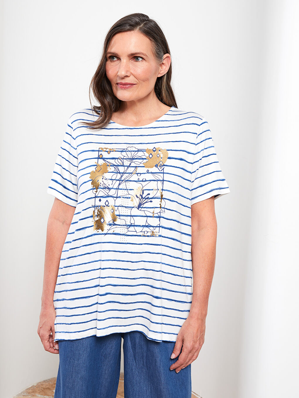 Lacivert Kadın Bisiklet Yaka Çizgili Tişört-1