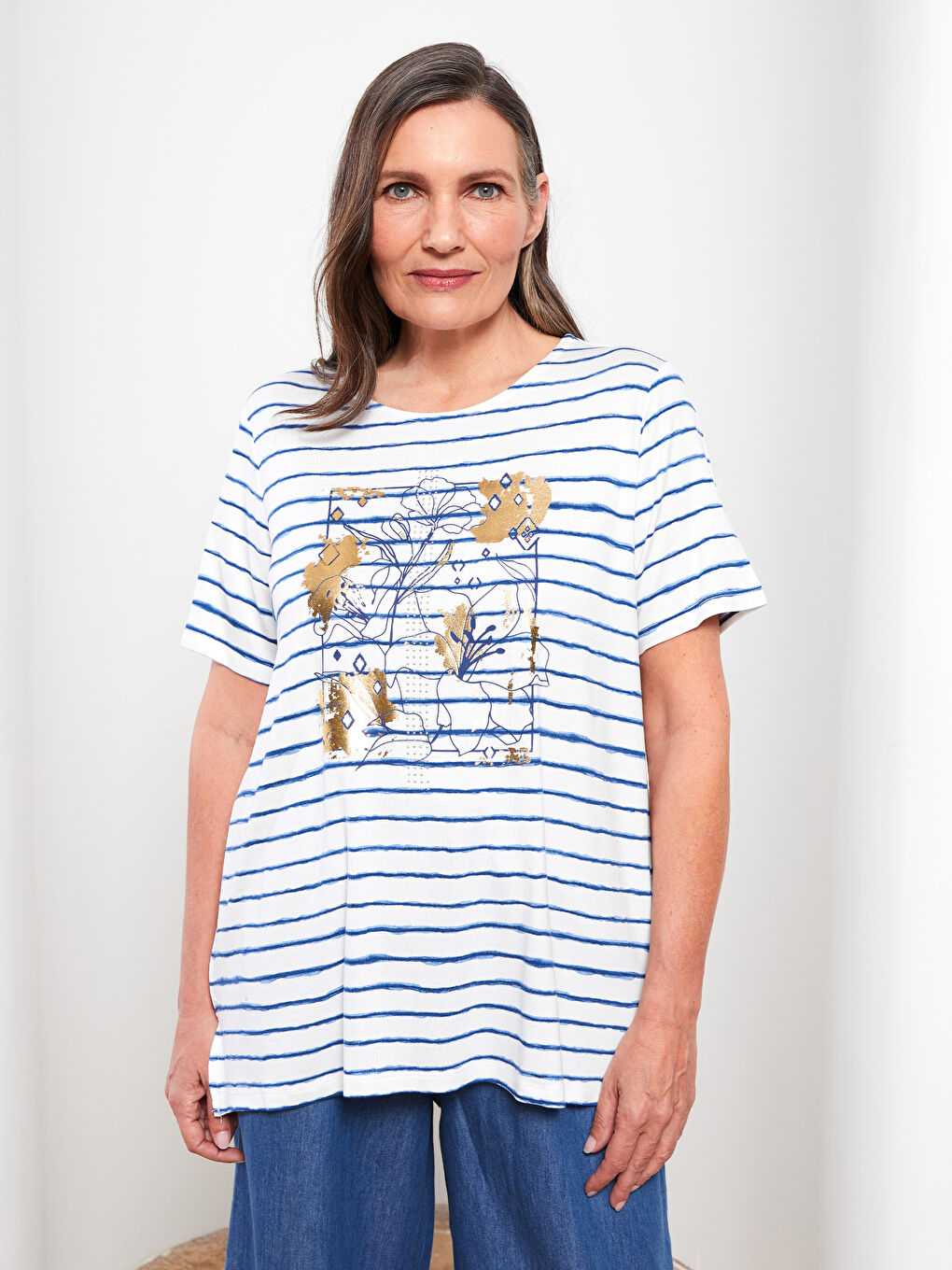 Lacivert Kadın Bisiklet Yaka Çizgili Tişört-2