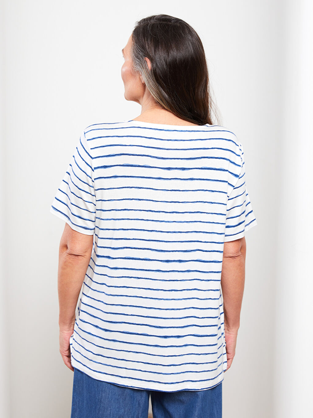 Lacivert Kadın Bisiklet Yaka Çizgili Tişört-4